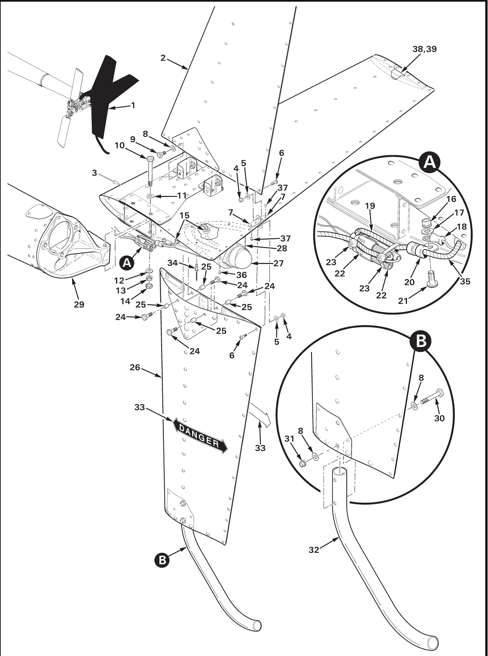 R22 parts catalog figure 53-29, a004-2 empennage assembly, with item 27 (01-0771554-11 light assembly) shown for reference