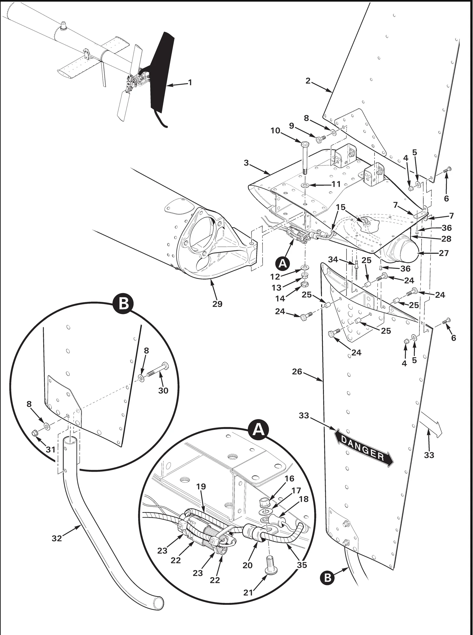 R22 parts catalog figure 53-25, a004-5 empennage assembly, with item 27 (01-0771554-11 light assembly - tail light) shown for reference