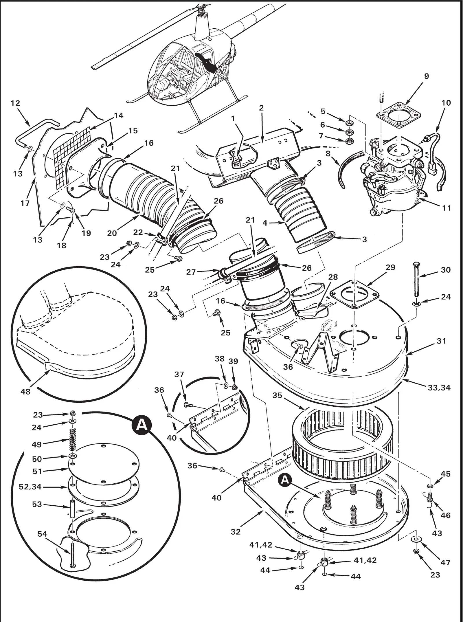 R22 parts catalog figure 71-5, air induction system, with item 9 (66224 gasket (between engine and carburetor)) circled