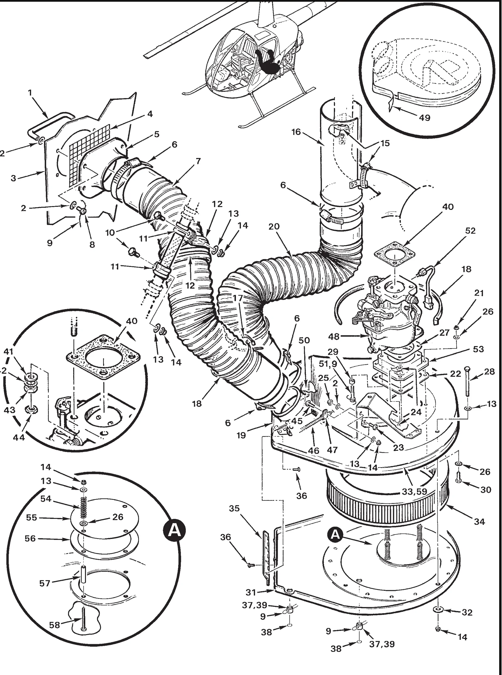R22 parts catalog figure 71-9, air induction system, with item 40 (66224 gasket) circled