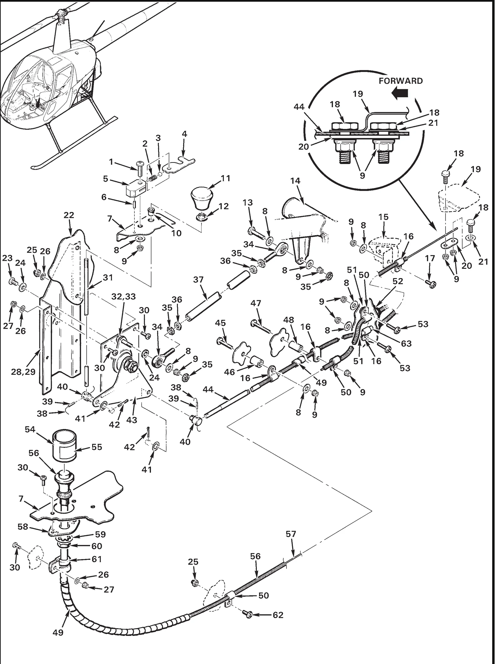 R22 parts catalog figure 76-9, carb heat assist and mixture control, with item 57 (A-641R inner wire (o-320 engine)) circled