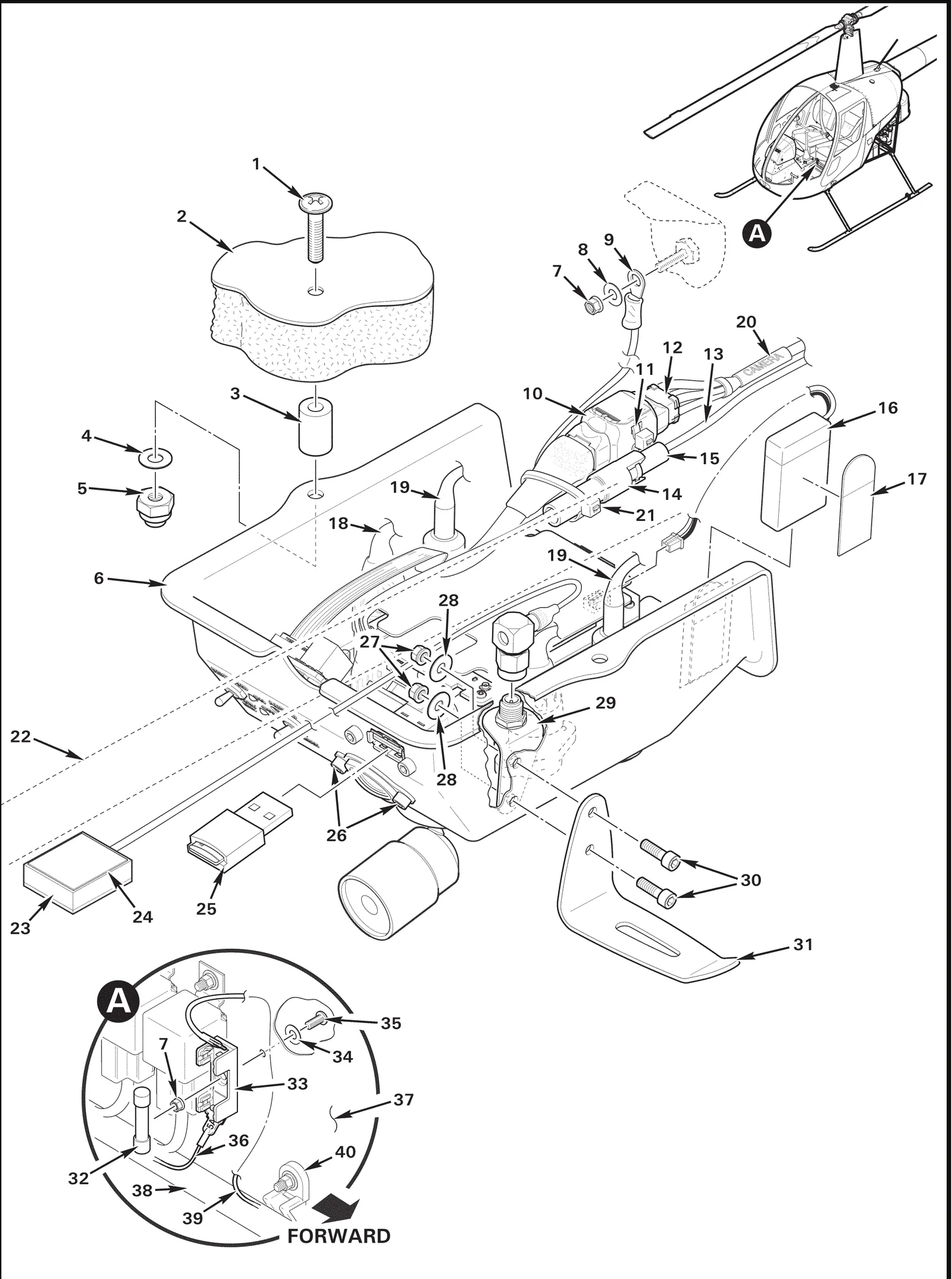 R22 parts catalog figure 96-37, cockpit camera installation, with item 17 (1024A38 adhesive strip) circled