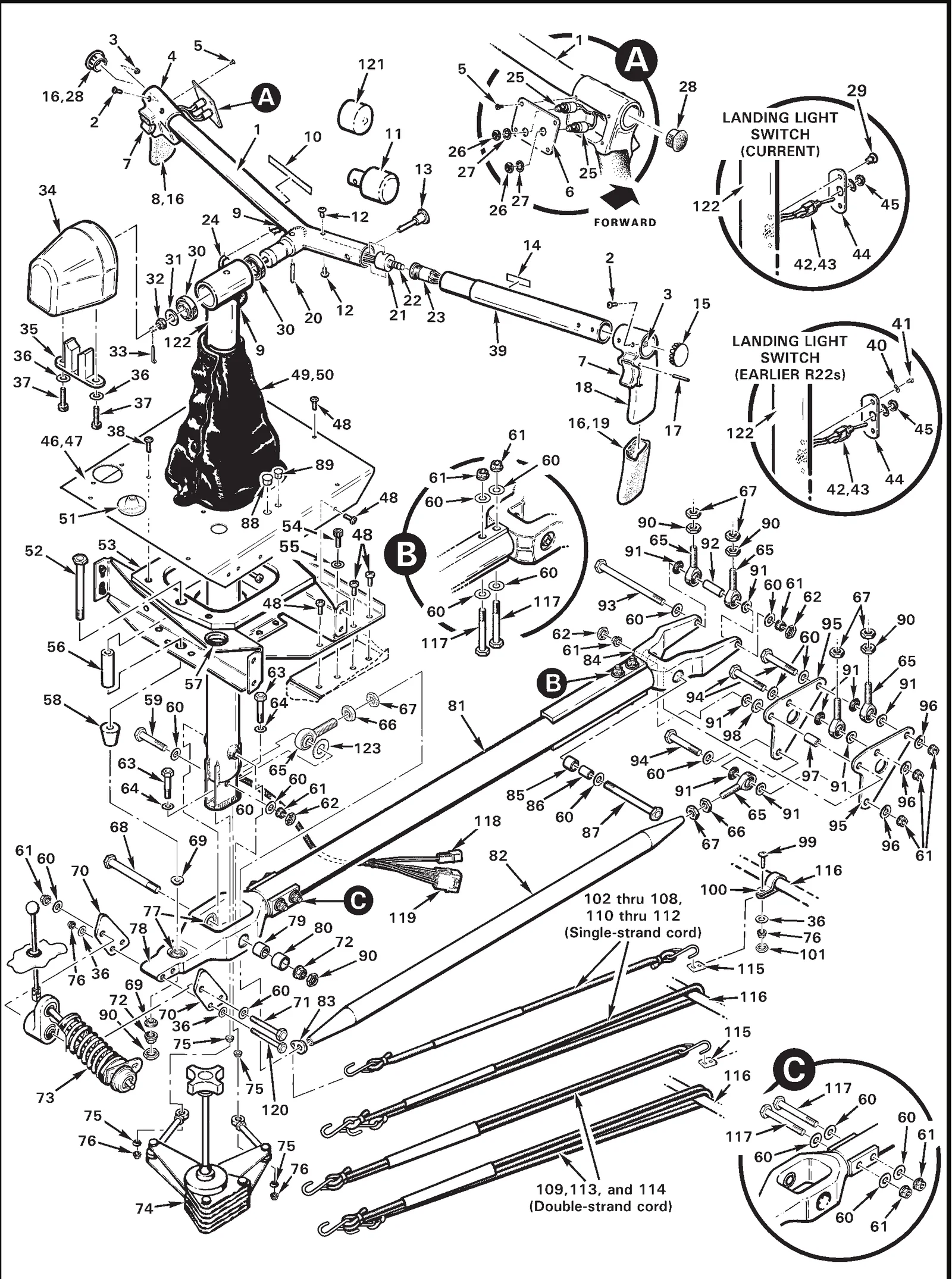 R22 parts catalog figure 67-1, cyclic control system, with item 80 (08DU06 bearing) circled