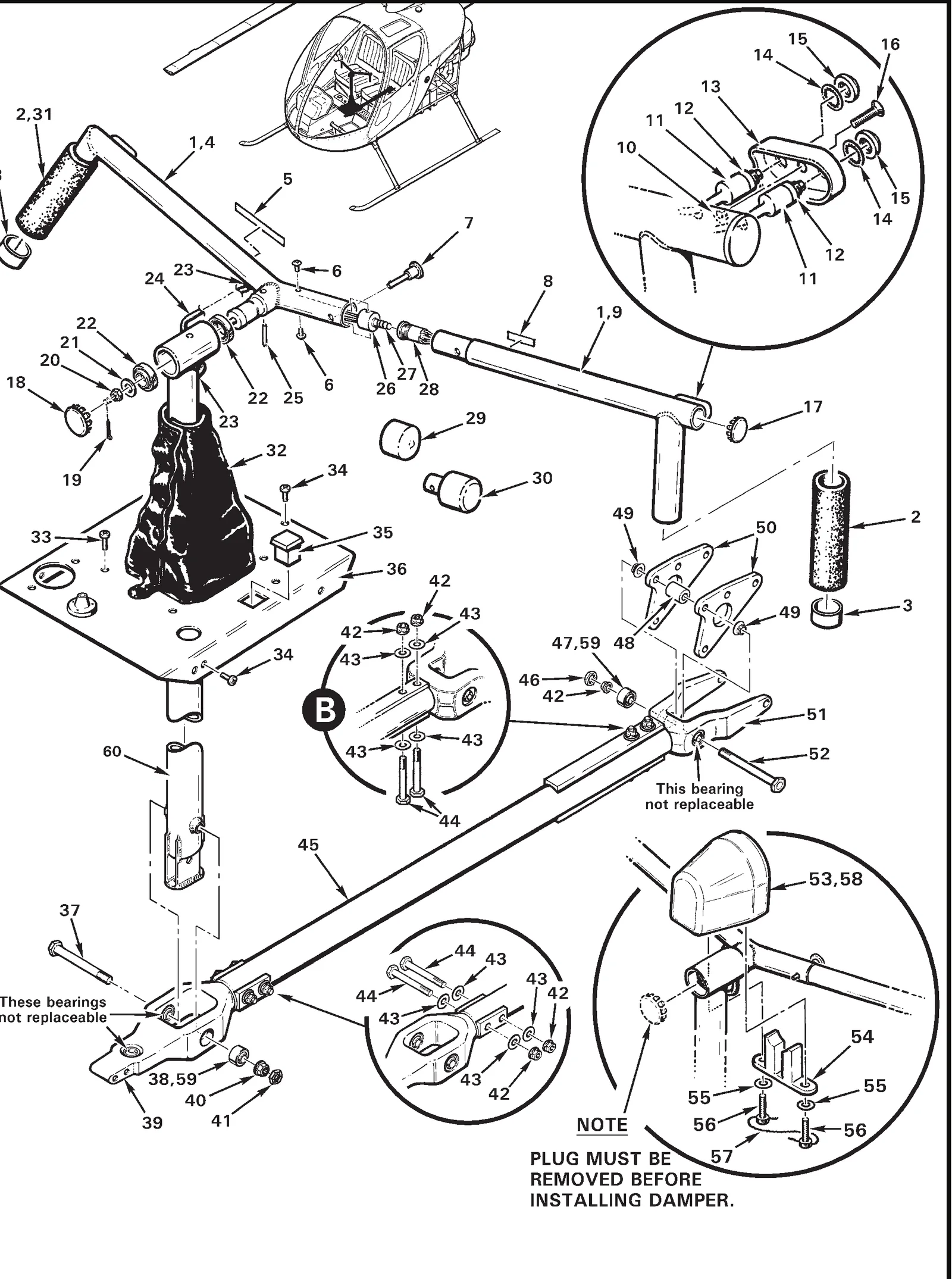 R22 parts catalog figure 67-11, cyclic control system, with item 50 (A175-1 bellcrank (low-gross weight ships)) circled