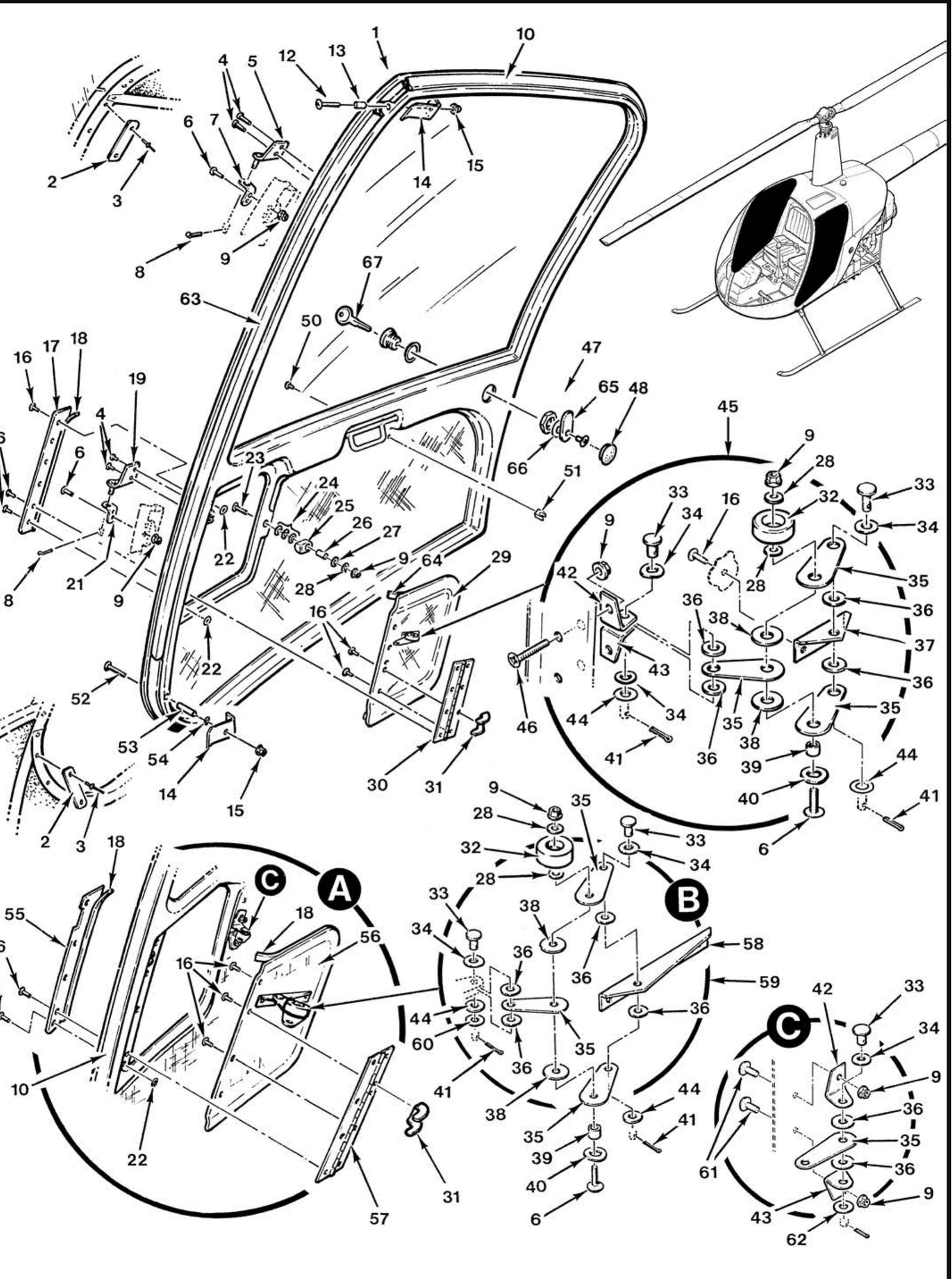 R22 parts catalog figure 52-1, door assembly, with item 10 (A226-2 seal (neoprene; install using item 11) 11 b270-8qt adhesive, the catalog number for A226-2-2.5) circled