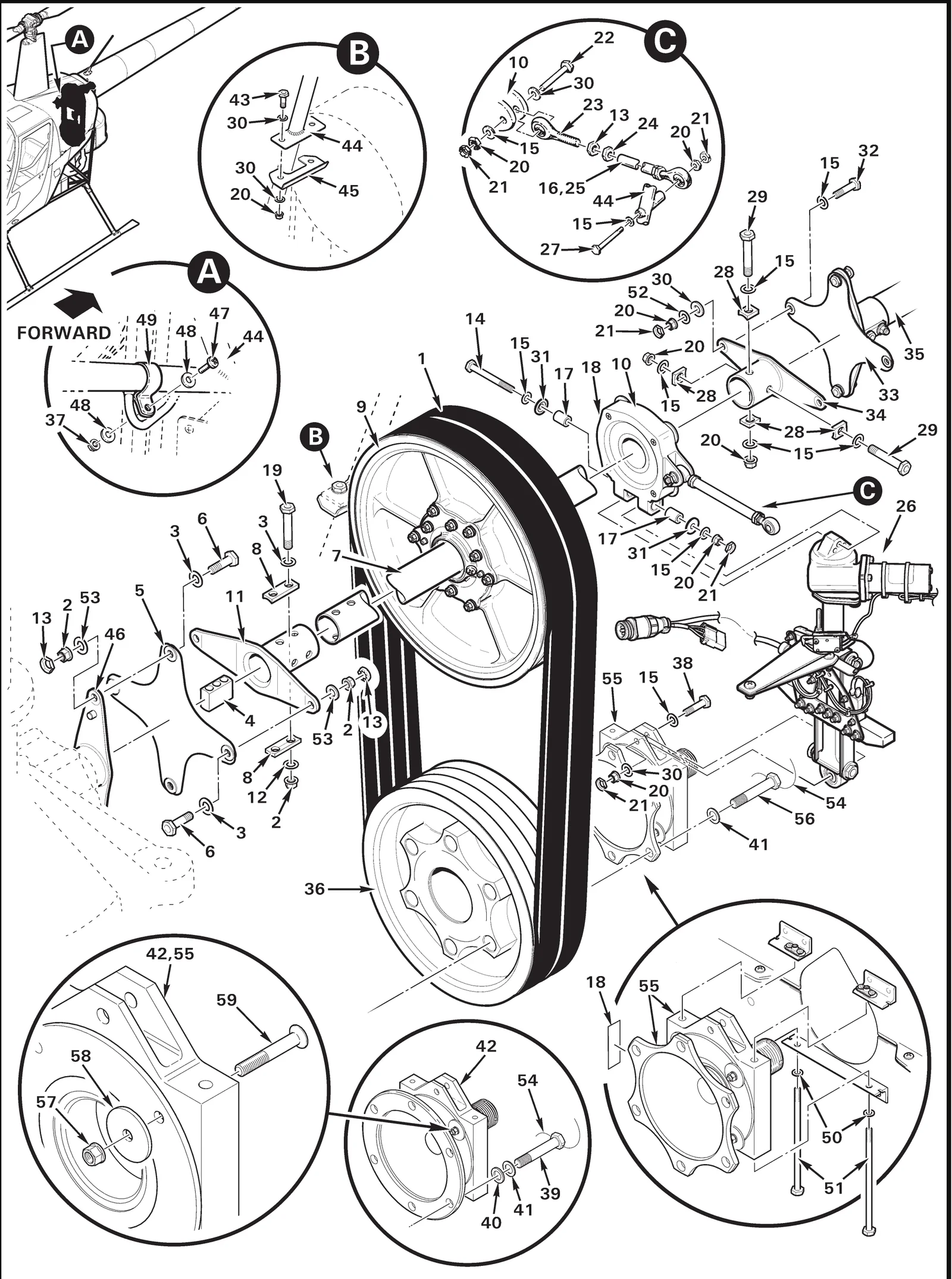 R22 parts catalog figure 63-11, drive system, with item 9 (A018-2 clutch assembly (includes items 4, 7, and 10; metalized)) circled