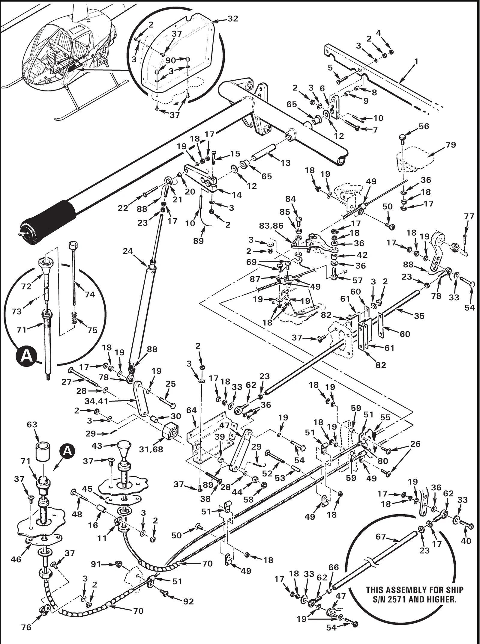R22 parts catalog figure 76-5, engine controls, with item 72 (A-641R inner wire (includes knob; o-320 engine)) circled