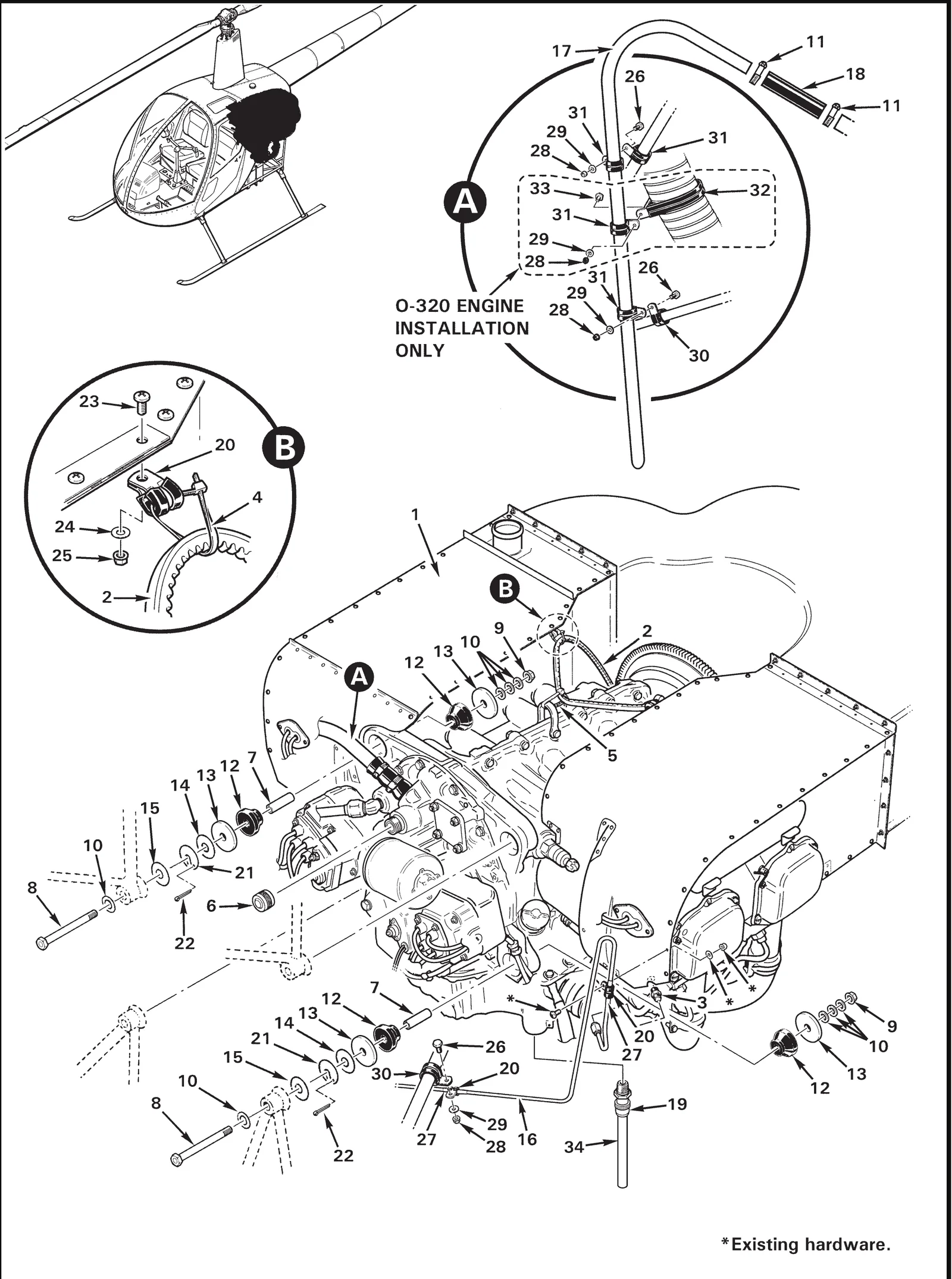 R22 parts catalog figure 71-1, engine installation, with item 6 (62732 cap - tachometer drive (earlier r22s)) circled