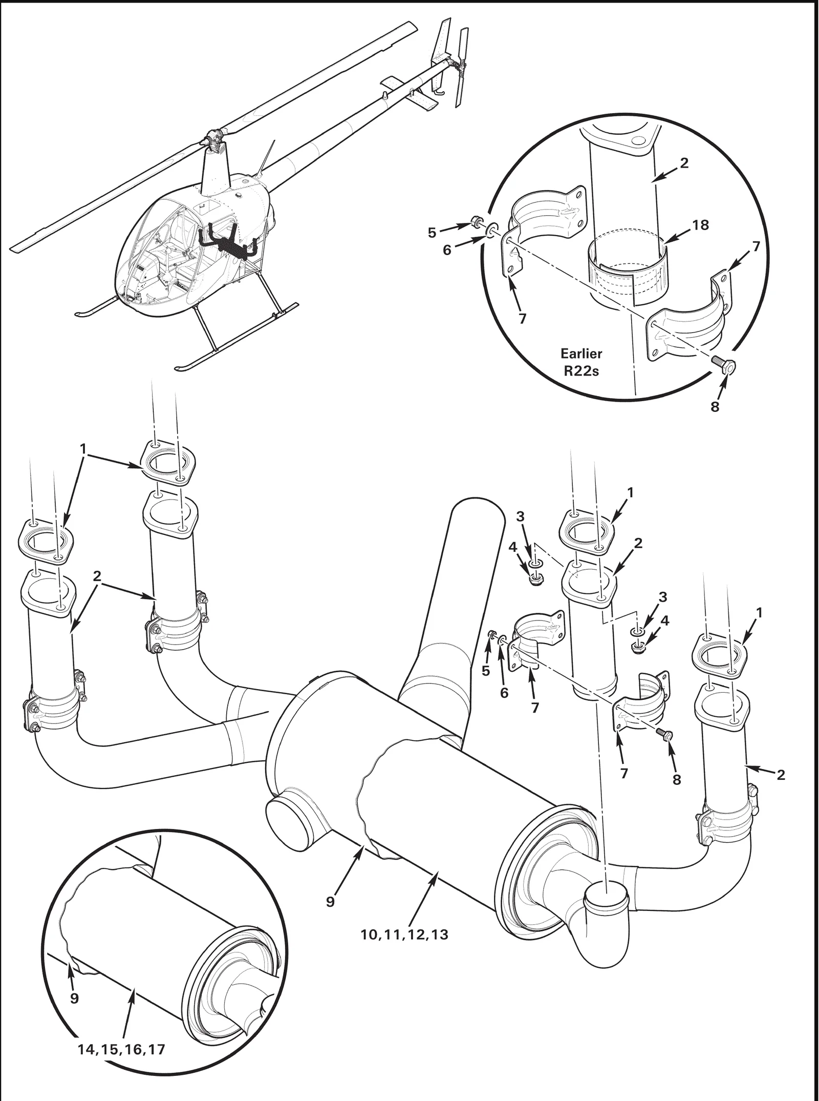 R22 parts catalog figure 71-17, exhaust muffler assembly, with item 4 (21FKF-518 nut) circled
