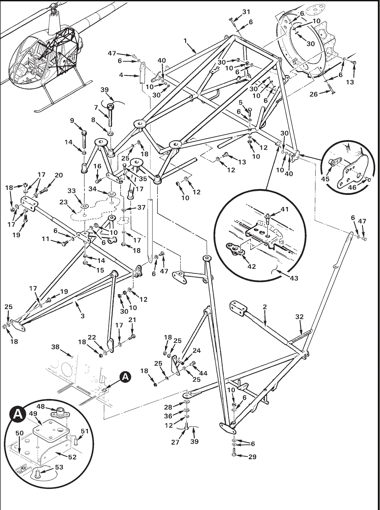 R22 parts catalog figure 53-9, frame assemblies; item 4 (A020-3 strut assembly (not shown; used on standard and hp)) is on the parts list but not drawn