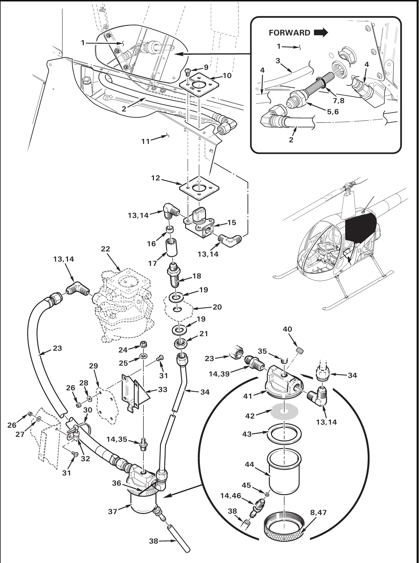 R22 parts catalog figure 28-13, fuel system components, with item 43 (10536-1 gasket - gascolator (viton, replaces 10536)) circled