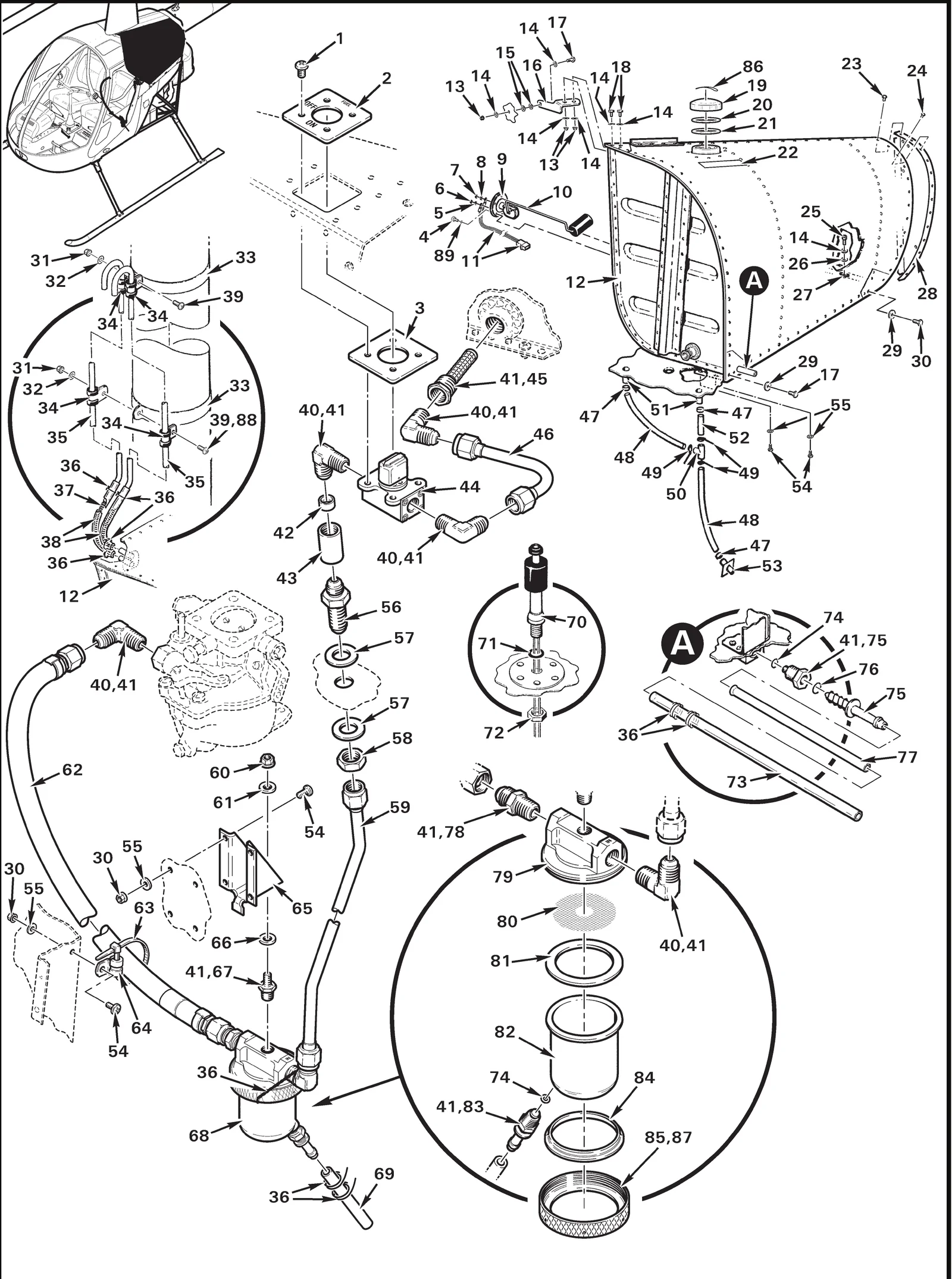 R22 parts catalog figure 28-23, fuel system installation (all-aluminum tanks), with item 81 (10536-1 gasket - gascolator (viton, replaces 10536)) circled