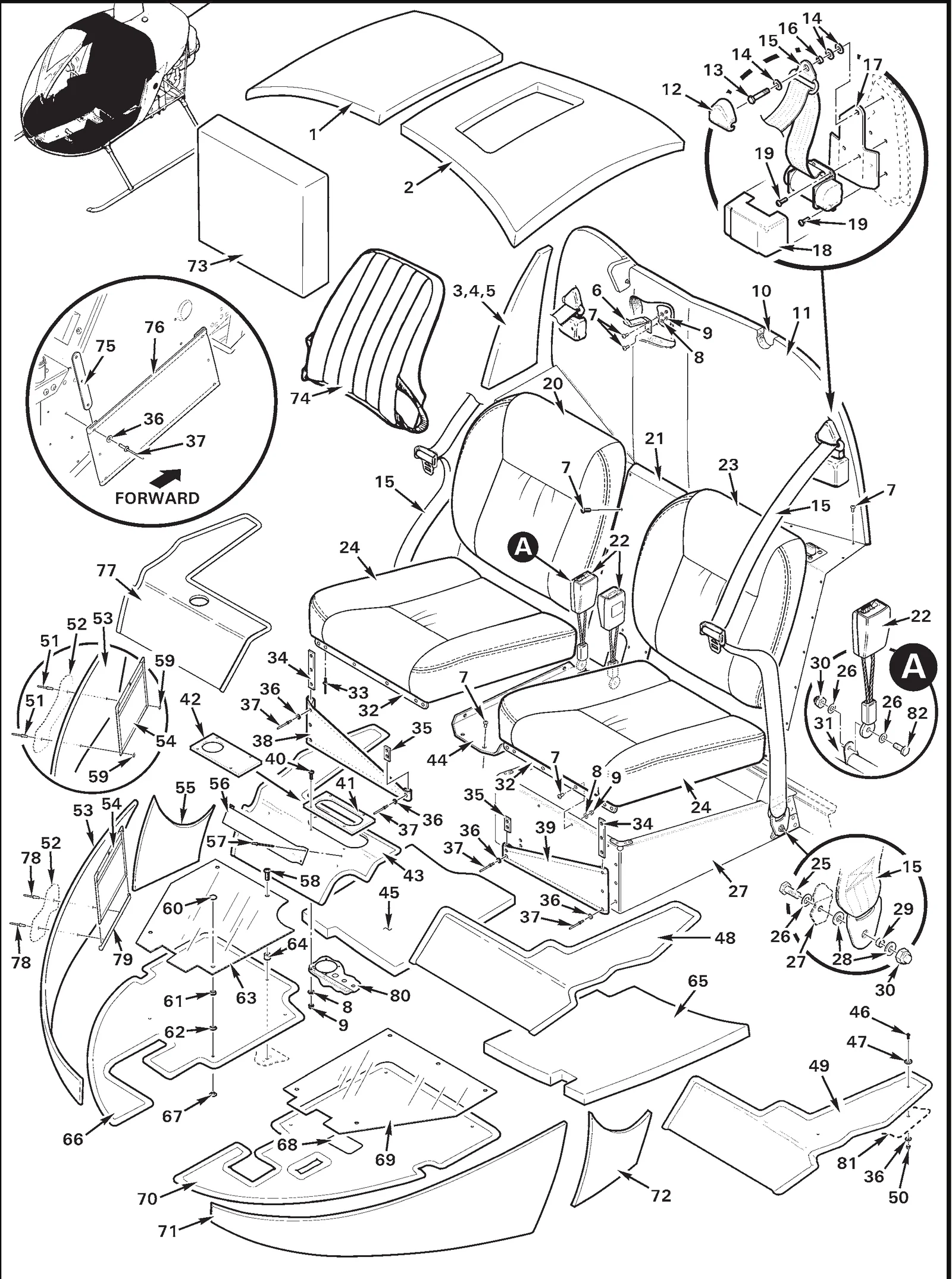 R22 parts catalog figure 25-1, interior furnishings, with item 54 (13-07900 license holder) circled