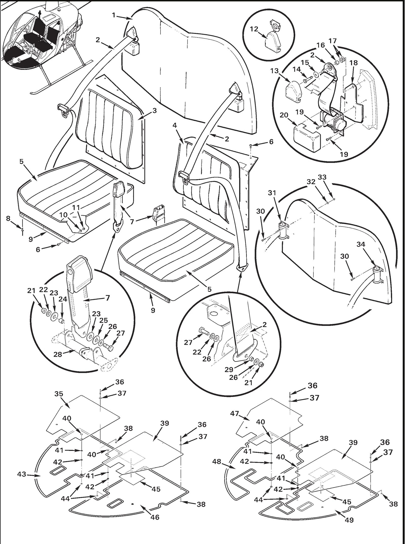 R22 parts catalog figure 25-5, interior furnishings, with item 20 (502260 cover - inertia reel) circled