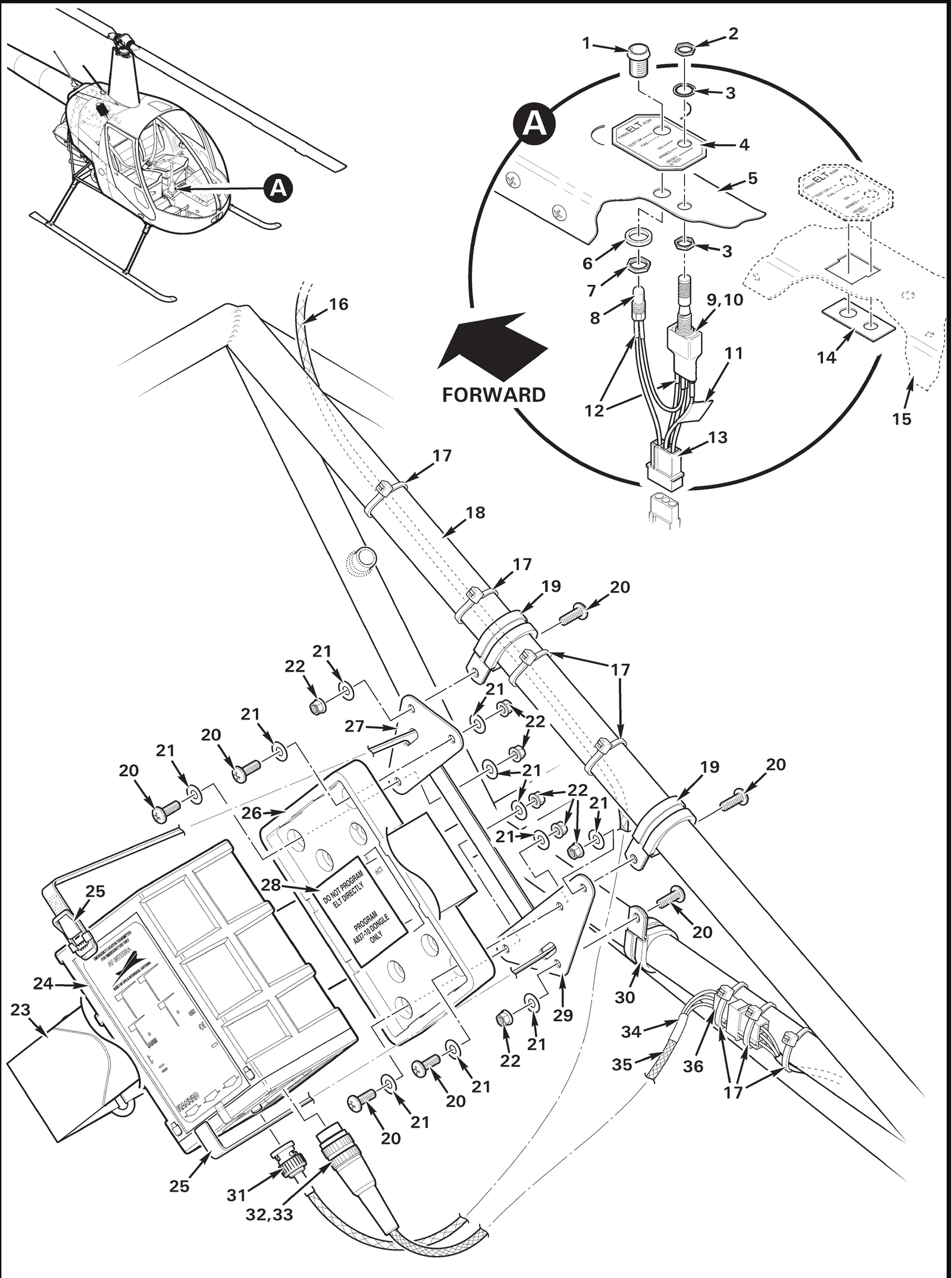 R22 parts catalog figure 25-19, kannad elt installation, with item 31 (5225395-6 plug (bnc; lead free)) circled