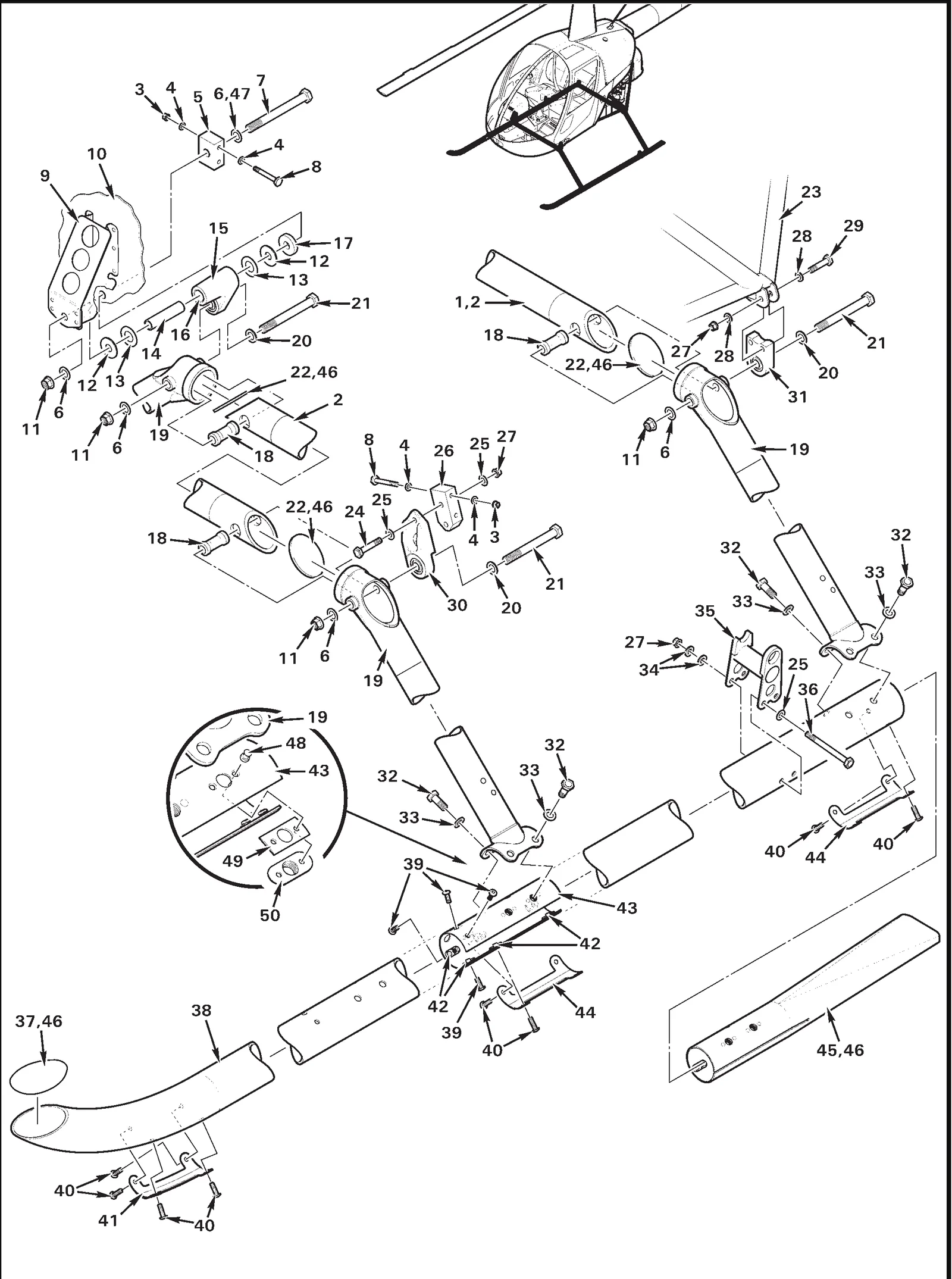 R22 parts catalog figure 32-1, landing gear assembly, with item 38 (A014-12 skid tube assembly (rh; includes a242-4, and items 37, 39 thru 41, 43, 44, and 46)) shown for reference