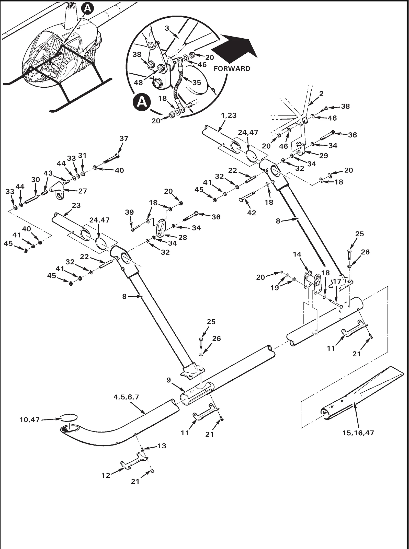 R22 parts catalog figure 32-5, landing gear assembly, with item 5 (A014-12 skid tube assembly (rh, revision ai and prior. no longer available; to replace order [1] a014-12 revision aj and subsequent. see figure 32-1.)) shown for reference