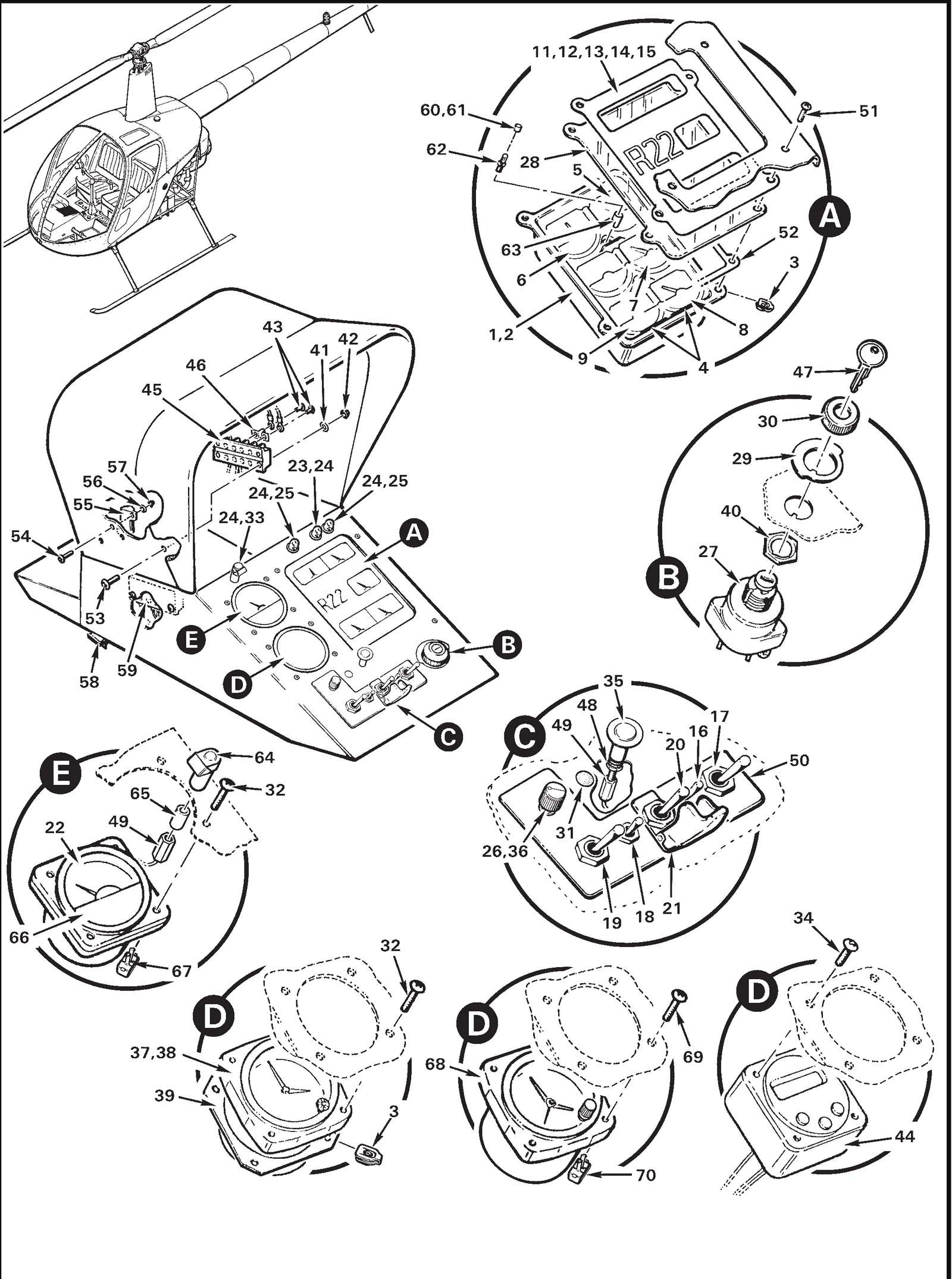 R22 parts catalog figure 95-47, lower instrument panel, with item 7 (6246-00090 oil temperature meter) circled
