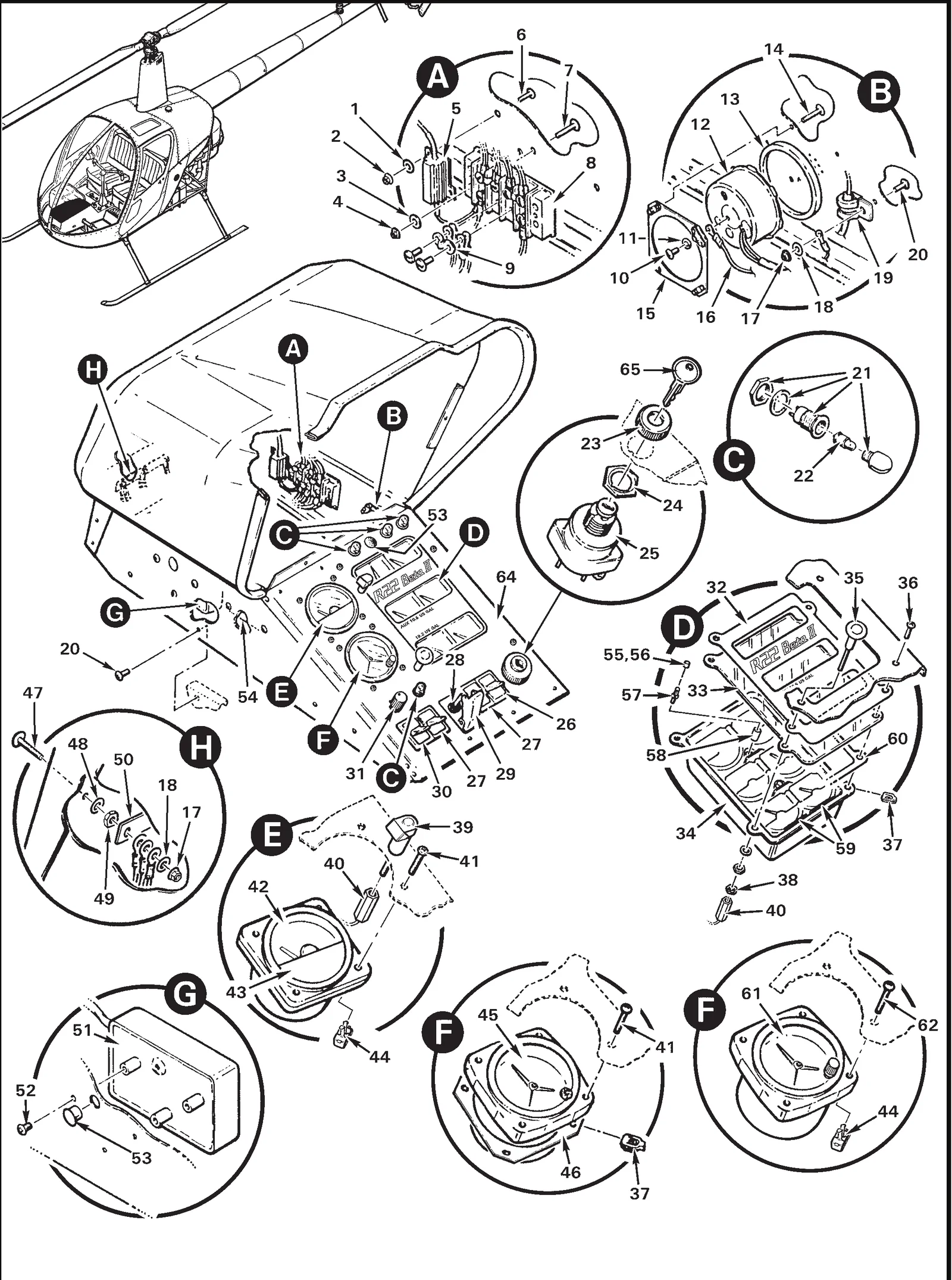 R22 parts catalog figure 95-29, lower panel — seven-instrument, with item 60 (0015-00723 gasket) circled