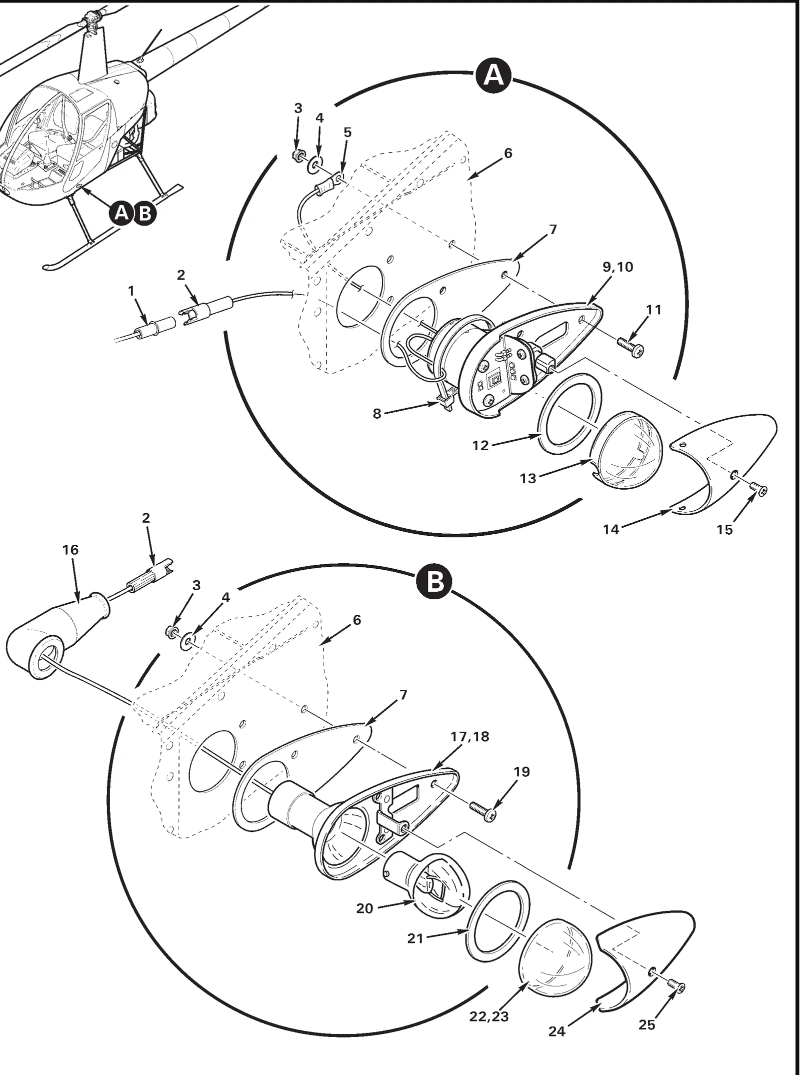 R22 parts catalog figure 33-5, navigation lights installation – right and left position, with item 13 (68-3950902A30 lens (clear)) circled