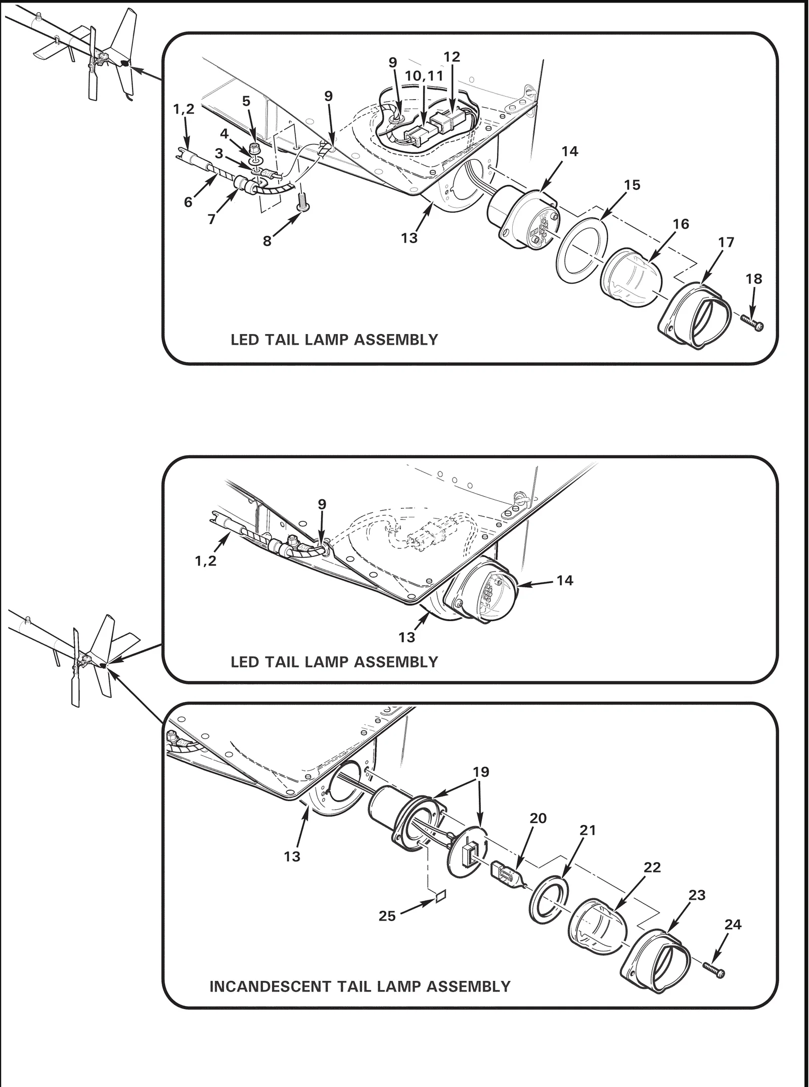 R22 parts catalog figure 33-7, navigation lights installation – tail position, with item 14 (01-0771554-11 tail light assembly (led, includes items 12, and 15 thru 18)) circled