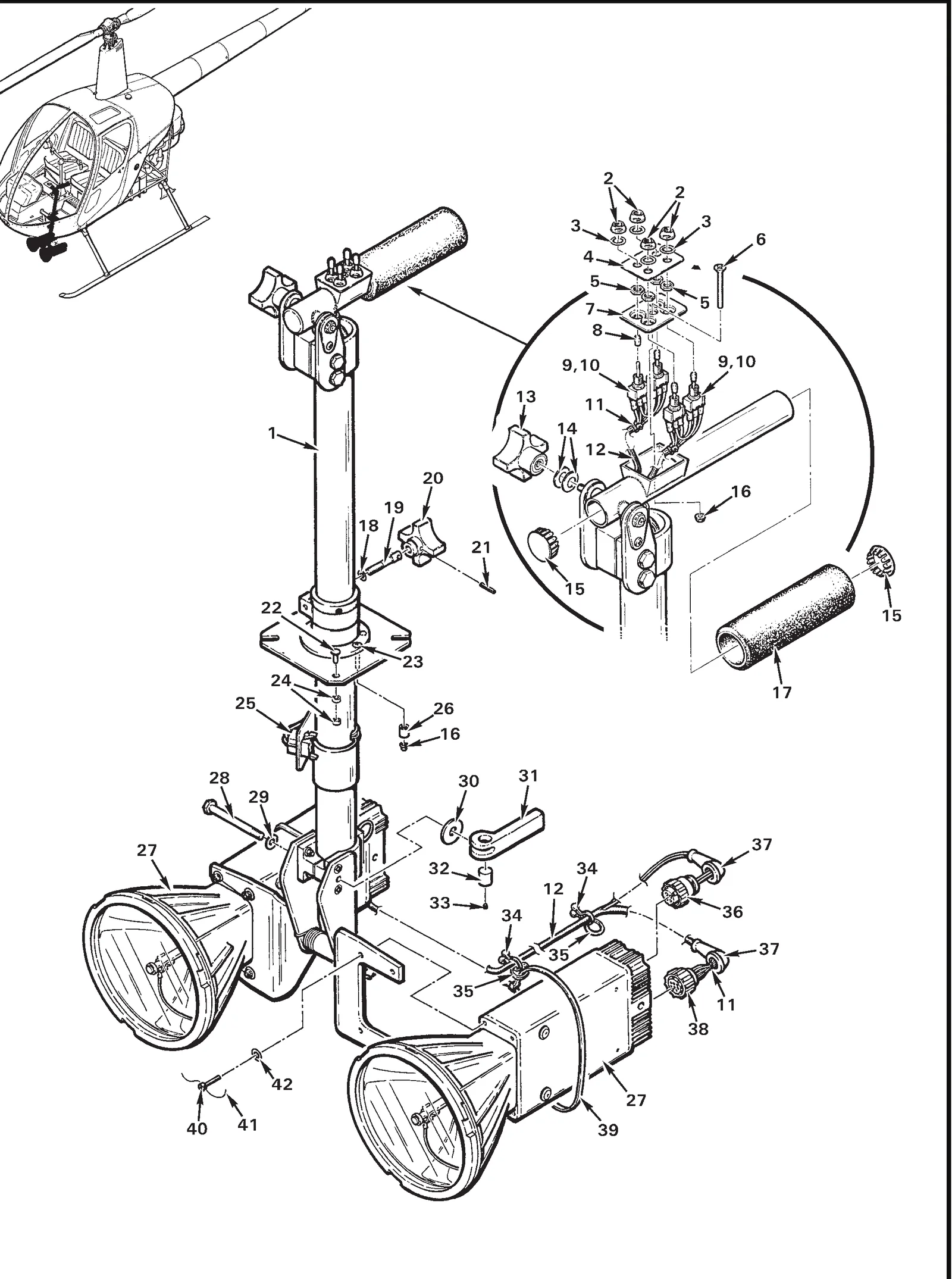 R22 parts catalog figure 90-1, searchlight installation, with item 36 (206060-1 plug (use with b264-4 socket, [2] per plug)) circled