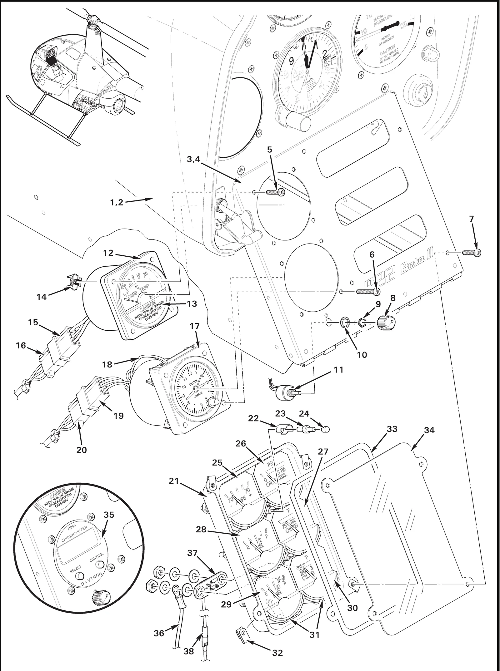 R22 parts catalog figure 95-15, six-instrument console assembly –, with item 27 (6246-00090 oil temperature meter) circled