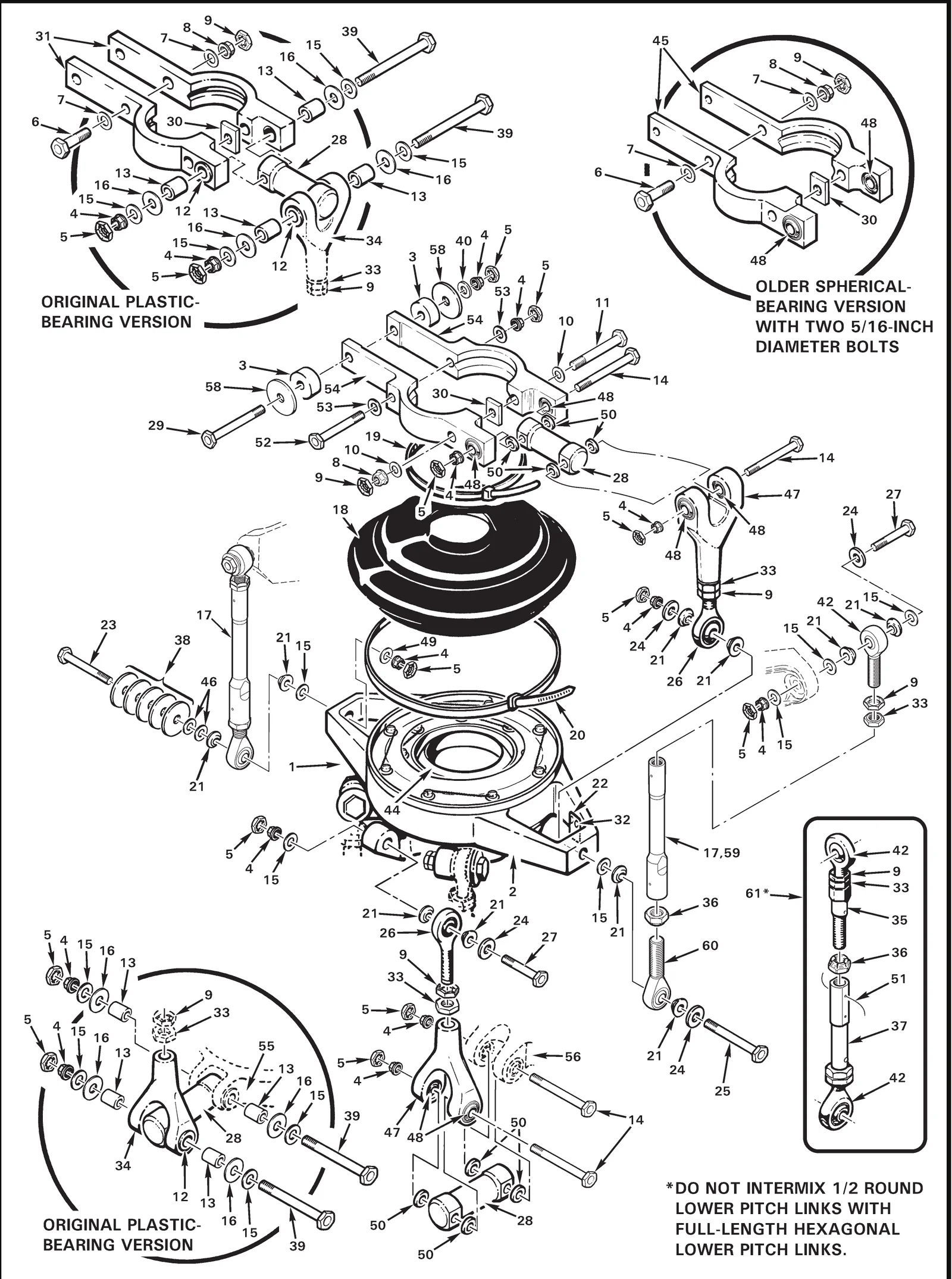 R22 parts catalog figure 67-33, swashplate installation, with item 36 (21FKF-616 nut) circled