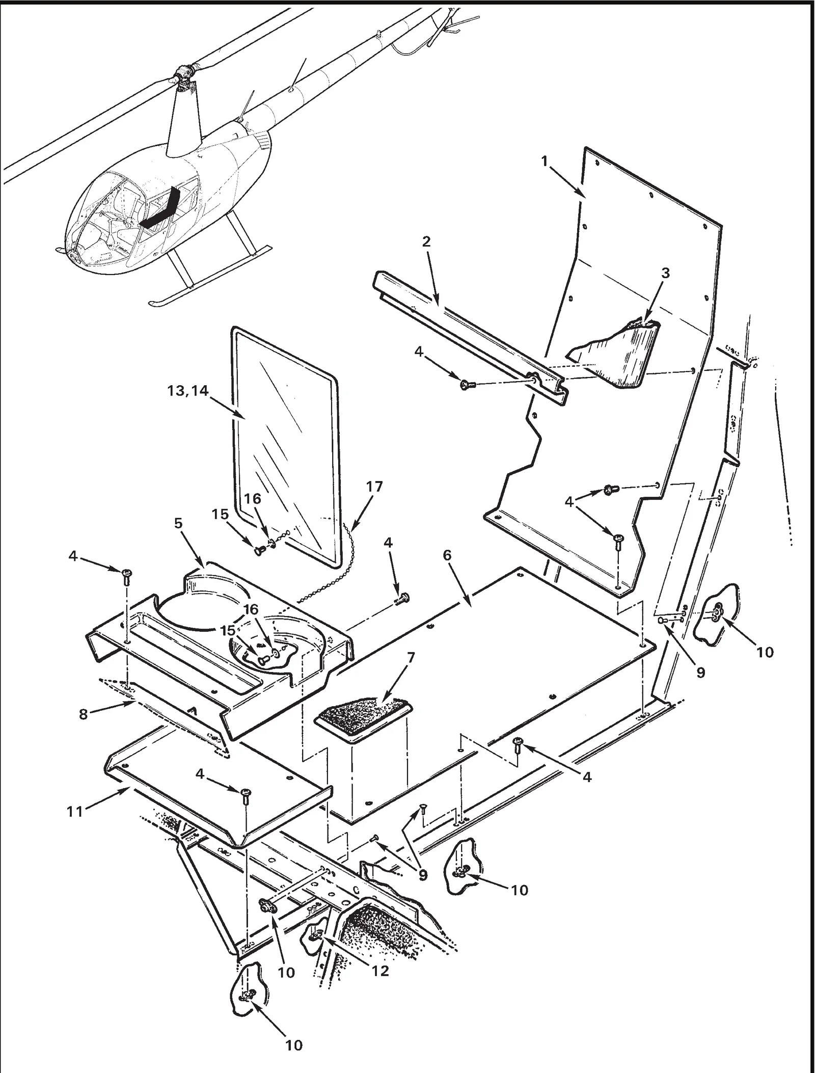 R44 parts catalog figure 6-11, access panels - aft cabin, with item 17 (3606T11 bead chain (9.00 inch length)) circled