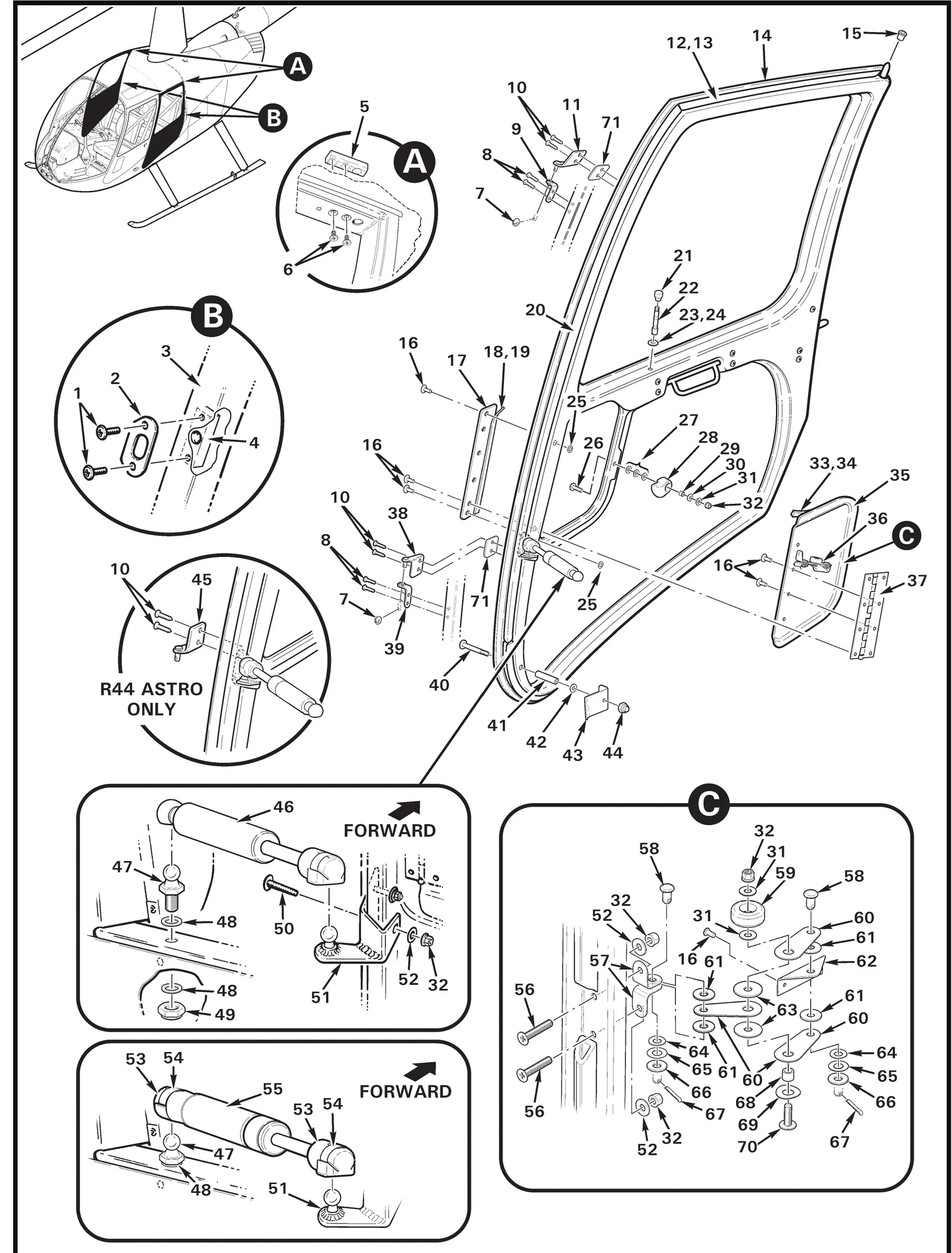 R44 parts catalog figure 52-7, aft door assembly, with item 12 (A226-2 seal (bond using item 13), the catalog number for A226-2-2.5) circled
