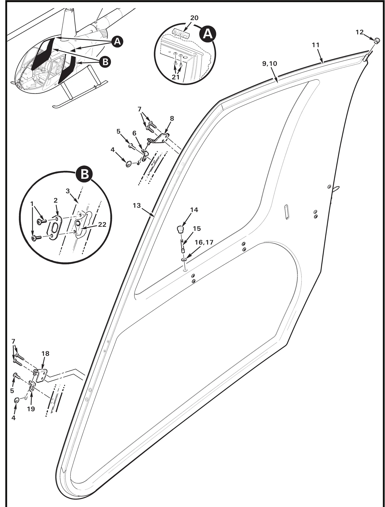 R44 parts catalog figure 52-11, aft door assembly – r44 cadet, with item 9 (A226-2 seal (install using item 10), the catalog number for A226-2-2.5) circled