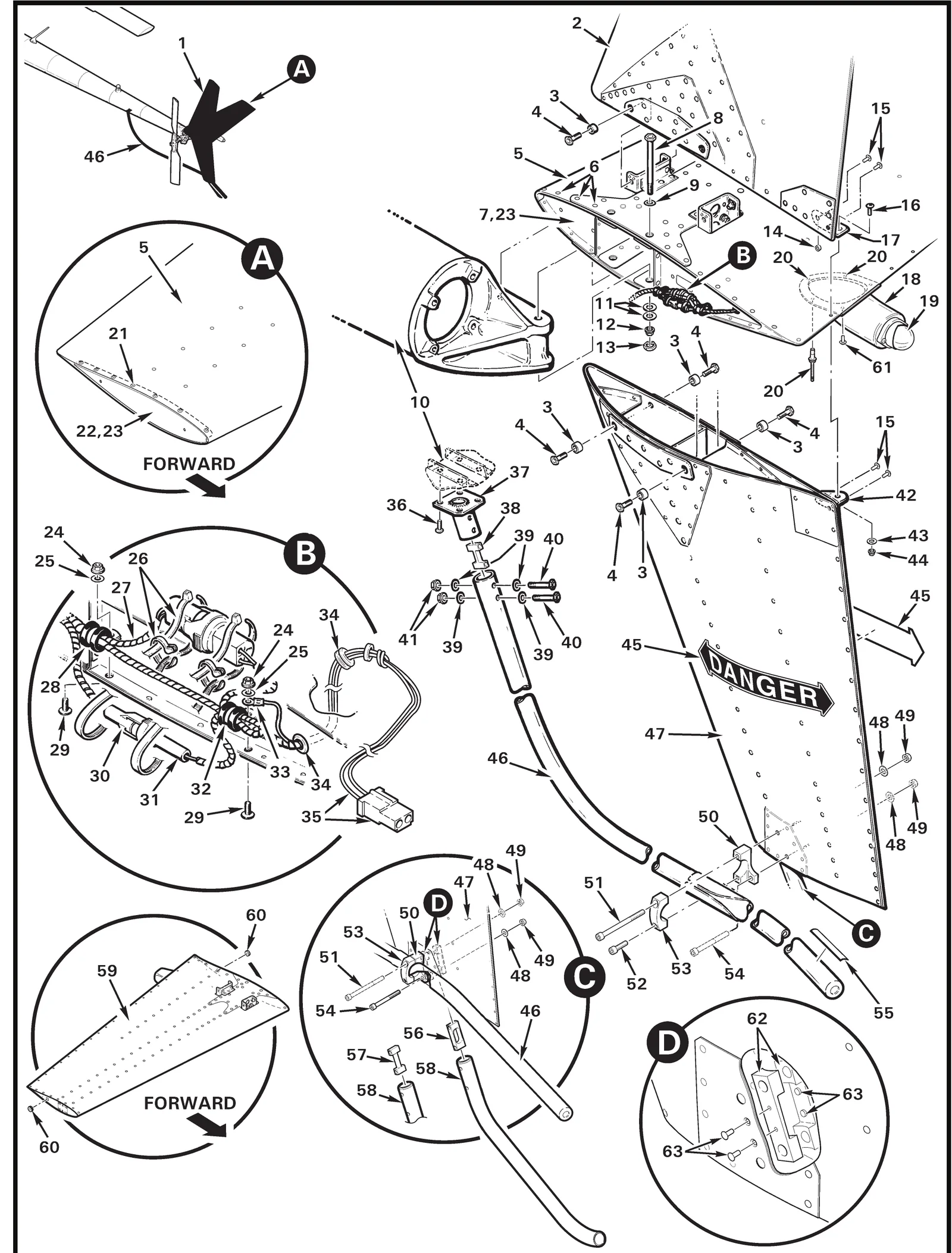 R44 parts catalog figure 53-41, c004-2 empennage assembly, with item 19 (01-0771554-01 light assembly - tail light) shown for reference