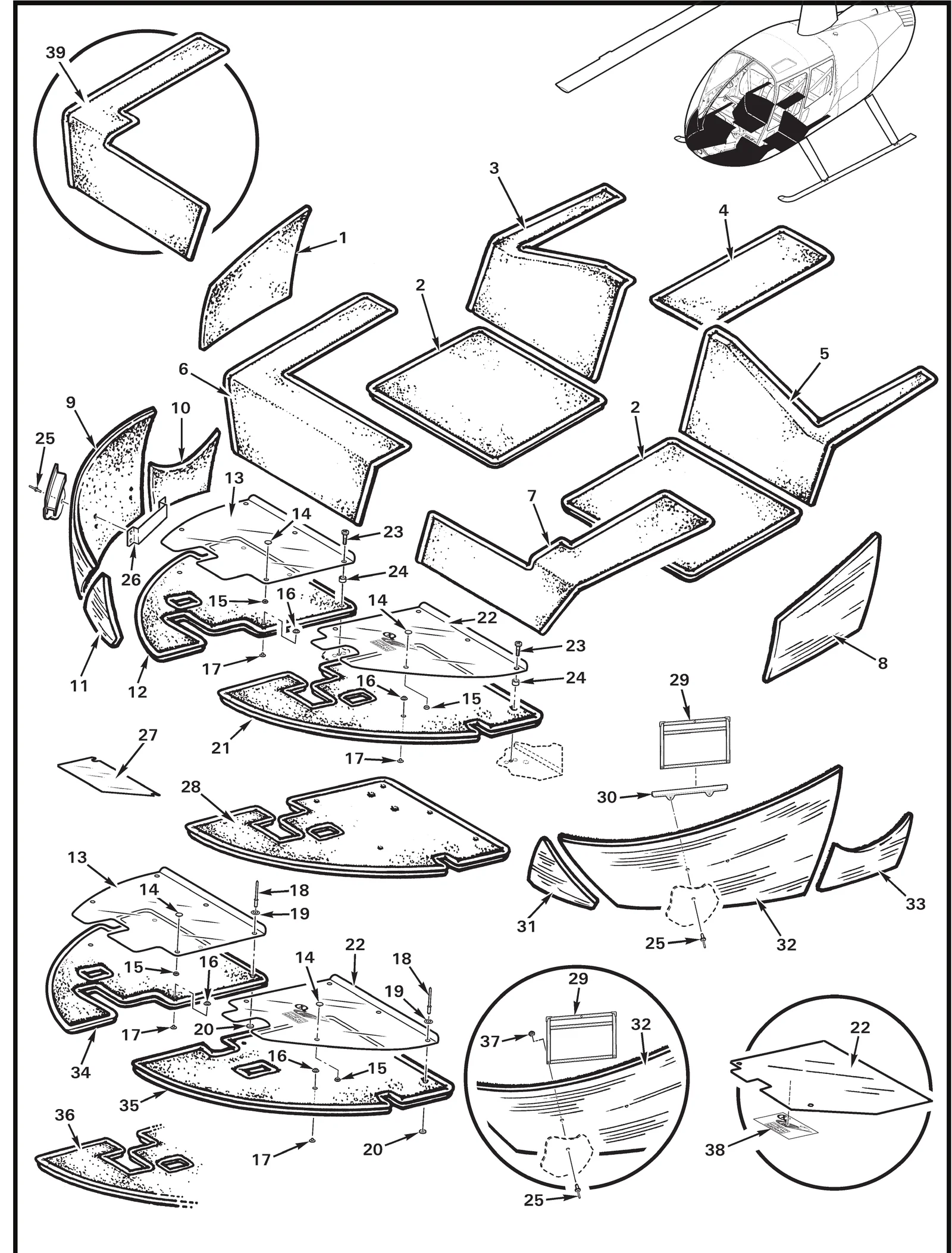 R44 parts catalog figure 25-29, carpet installation, with item 29 (13-07900 license holder) circled