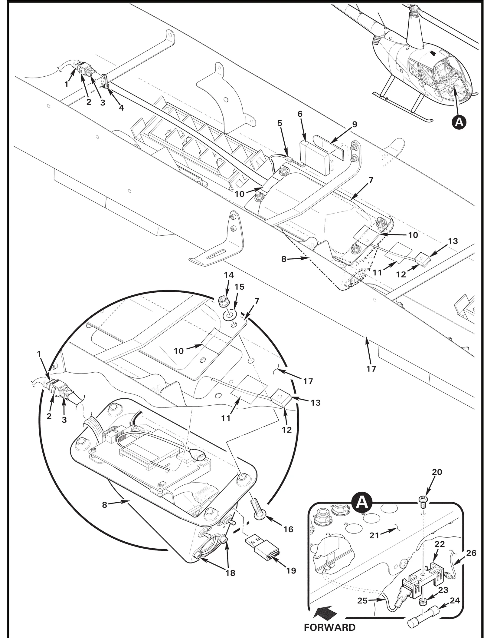 R44 parts catalog figure 96-81, cockpit camera installation with, with item 9 (1024A38 adhesive strip) circled