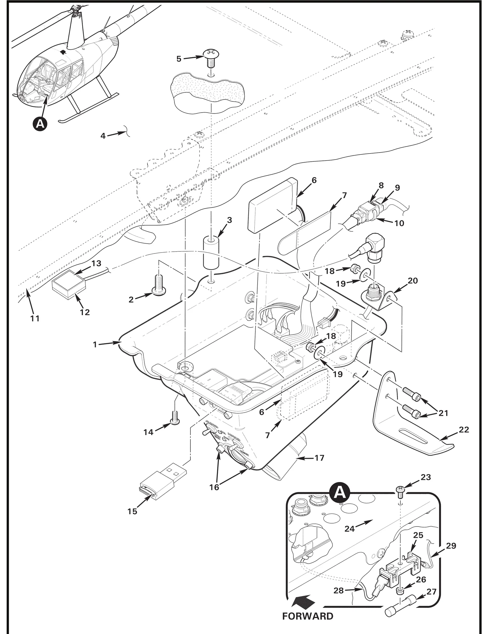 R44 parts catalog figure 96-83, cockpit camera installation without, with item 7 (1024A38 adhesive strip) circled