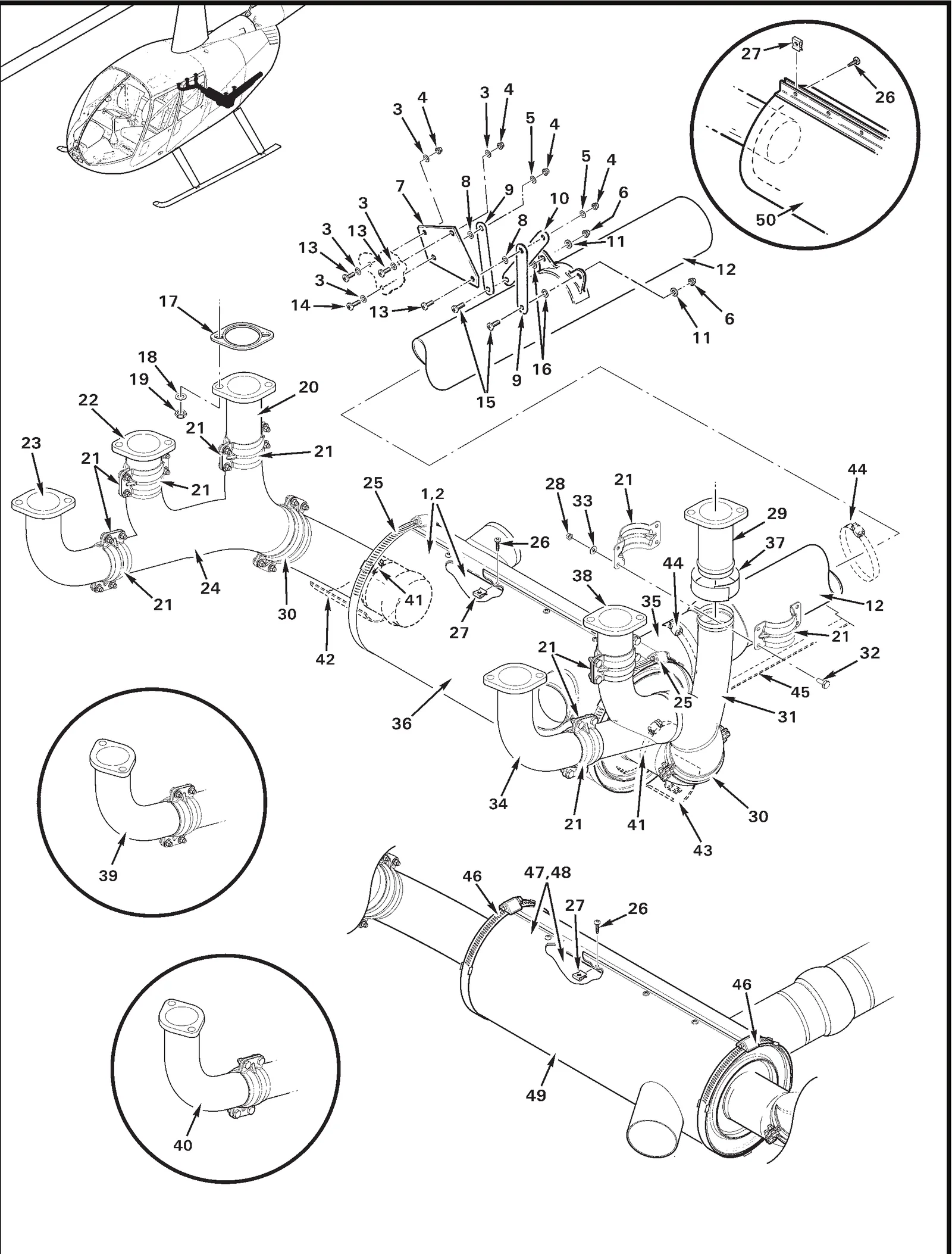 R44 parts catalog figure 71-21, exhaust muffler assembly, with item 19 (21FKF-518 nut) circled
