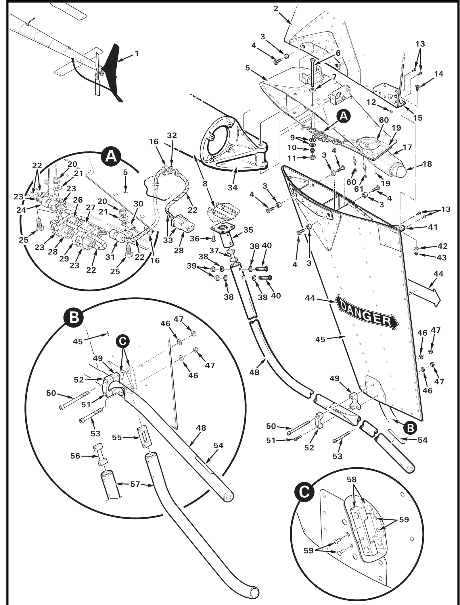 R44 parts catalog figure 53-37, f004-2 empennage assembly, with item 18 (01-0771554-01 light assembly - tail light) shown for reference