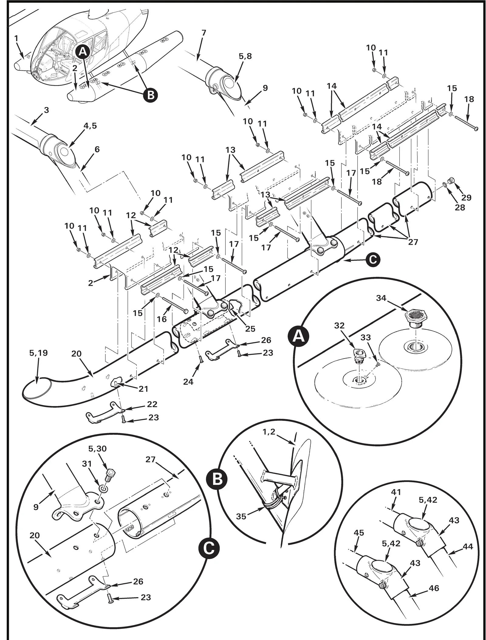 R44 parts catalog figure 32-29, fixed floats – tube assemblies installation, with item 34 (3MA1009-4 pressure relief valve) circled