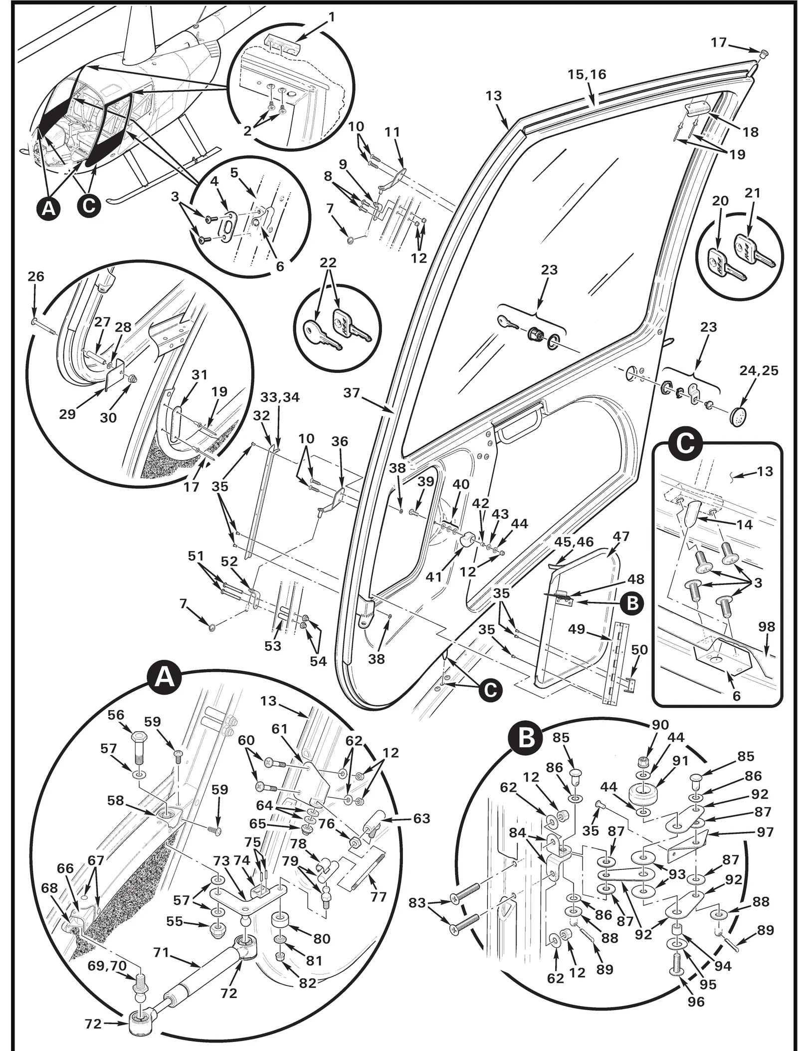 R44 parts catalog figure 52-1, forward door assembly, with item 15 (A226-2 seal (bond using item16), the catalog number for A226-2-2.5) circled