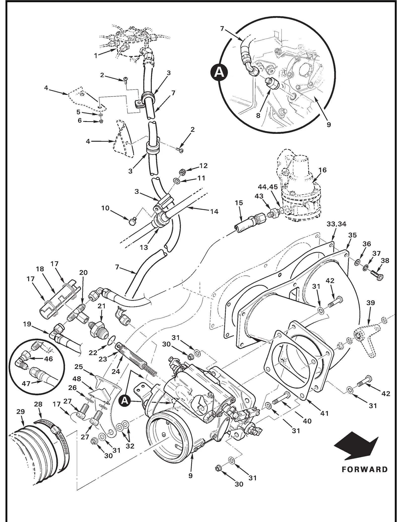 R44 parts catalog figure 28-29, fuel control (servo) installation, with item 8 (2522710 fitting - outlet) circled