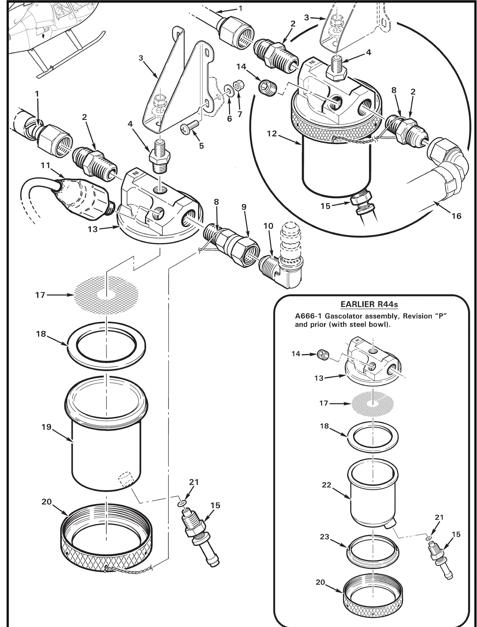 R44 parts catalog figure 28-19, gascolator assembly, with item 18 (10536-1 gasket (supersedes 10536)) circled