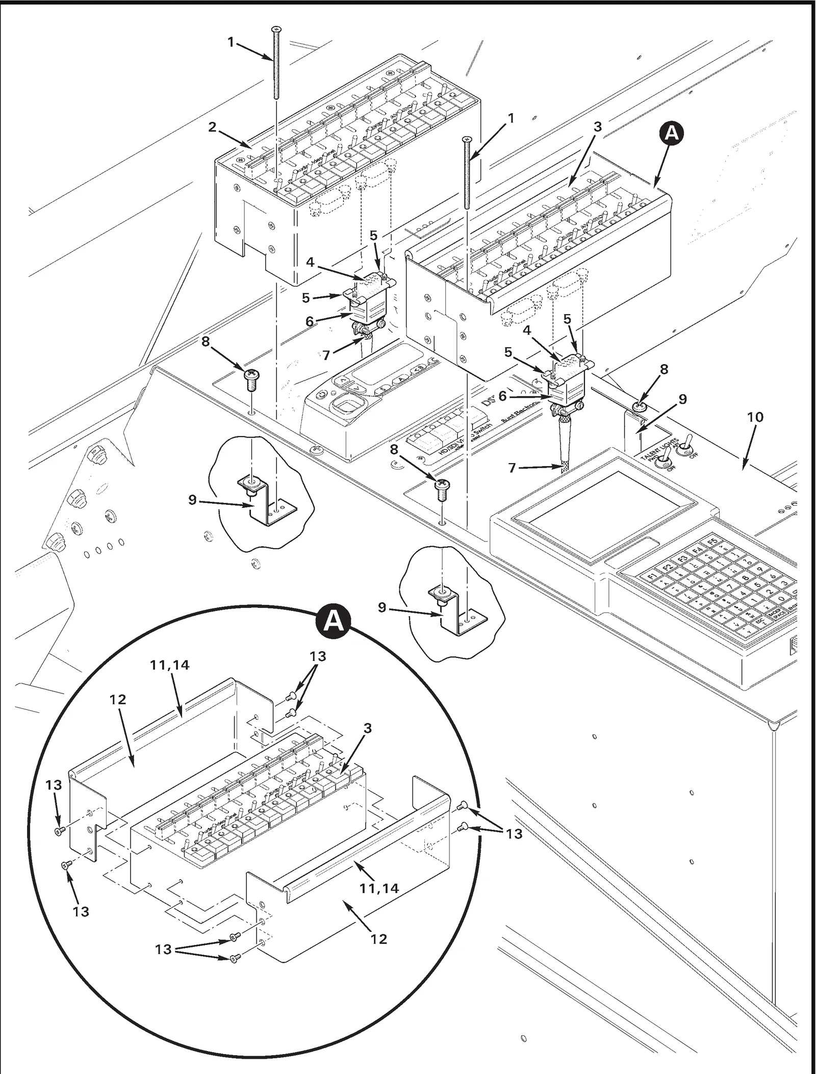 R44 parts catalog figure 92-25, geneva audio - aft audio panels, with item 11 (4869A1 molding (install using item 14)) circled