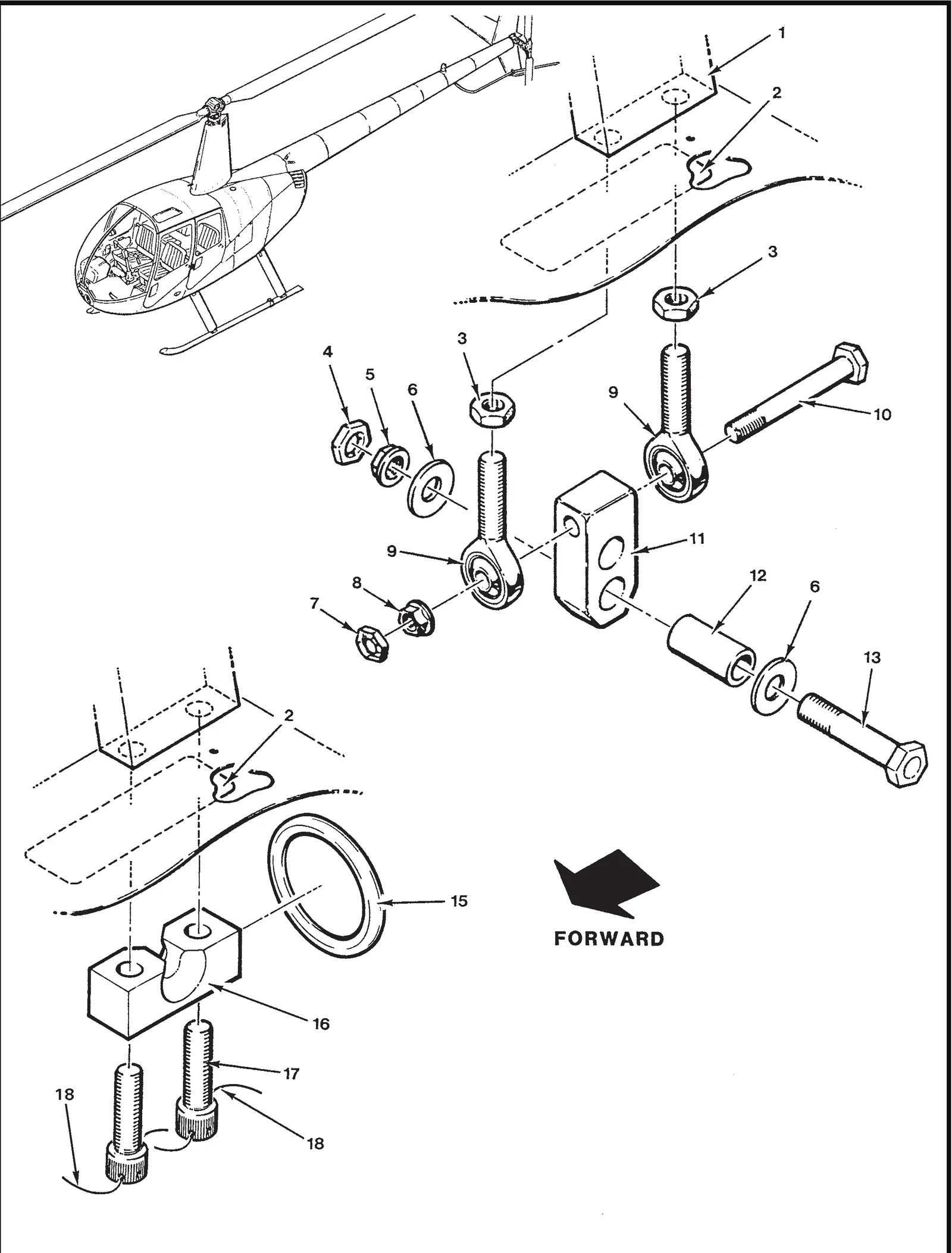 R44 parts catalog figure 10-7, hardpoint hinge and tie-down ring installations, with item 15 (3779T84 ring) circled