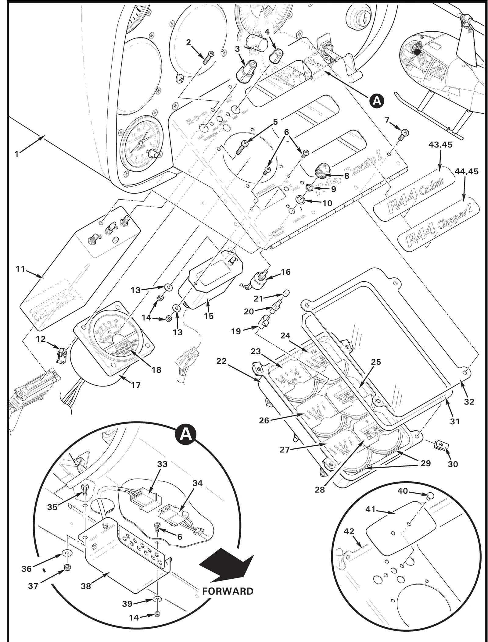 R44 parts catalog figure 95-69, instrument console assembly – lower panel (r44), with item 25 (6246-00090 oil temperature meter (14-volt)) circled