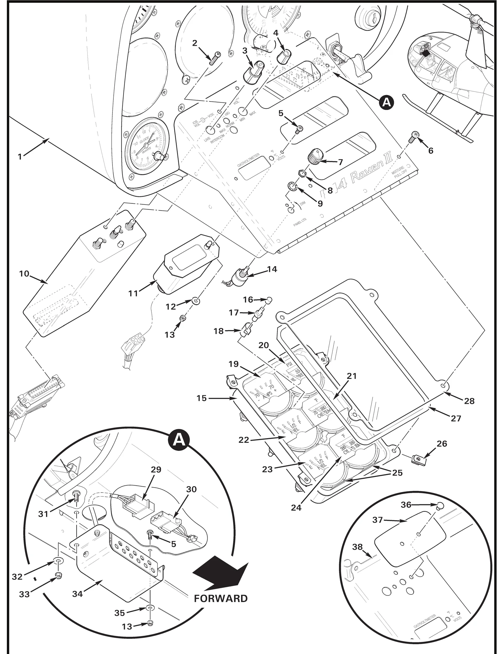 R44 parts catalog figure 95-73, instrument console assembly – lower panel (r44 ii), with item 17 (100057022 lamp (28-volt, red base))