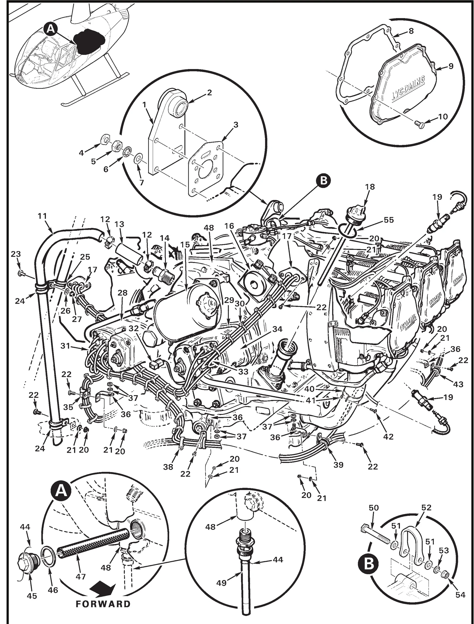 R44 parts catalog figure 71-9, io-540 powerplant components, with item 28 (10-600616-9 magneto (retard; tcm type s6lsc-200)) circled