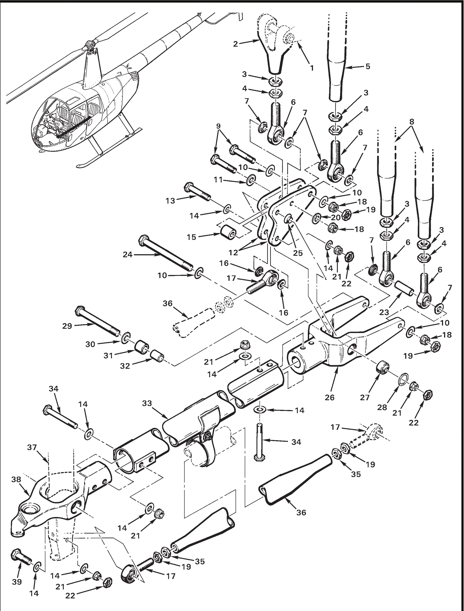 R44 parts catalog figure 67-31, main rotor controls, with item 28 (WH-62-S02 ring) circled