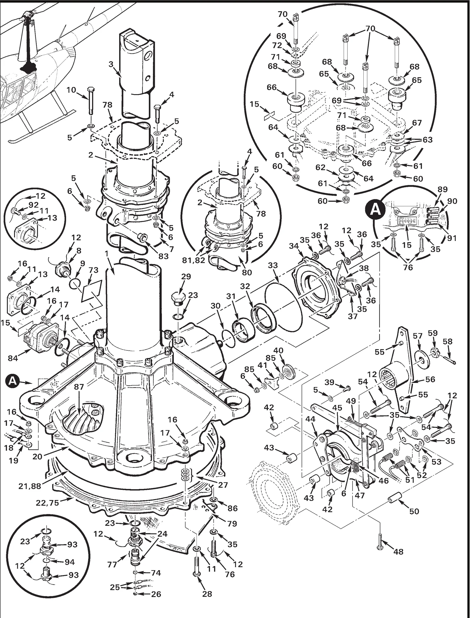 R44 parts catalog figure 63-1, main rotor gearbox and mast assembly, with item 77 (012C o-ring) circled