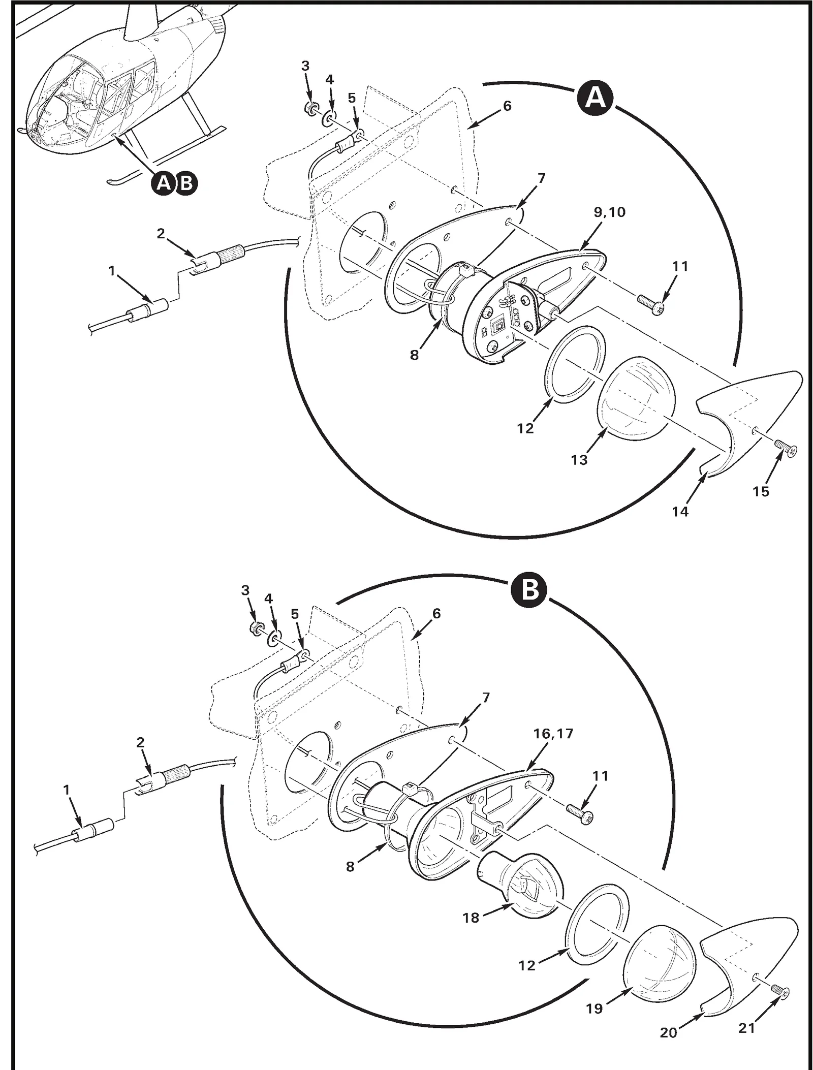 R44 parts catalog figure 33-5, navigation lights installation – right and left position feb 2020, with item 13 (68-3950902A30 lens (clear)) circled