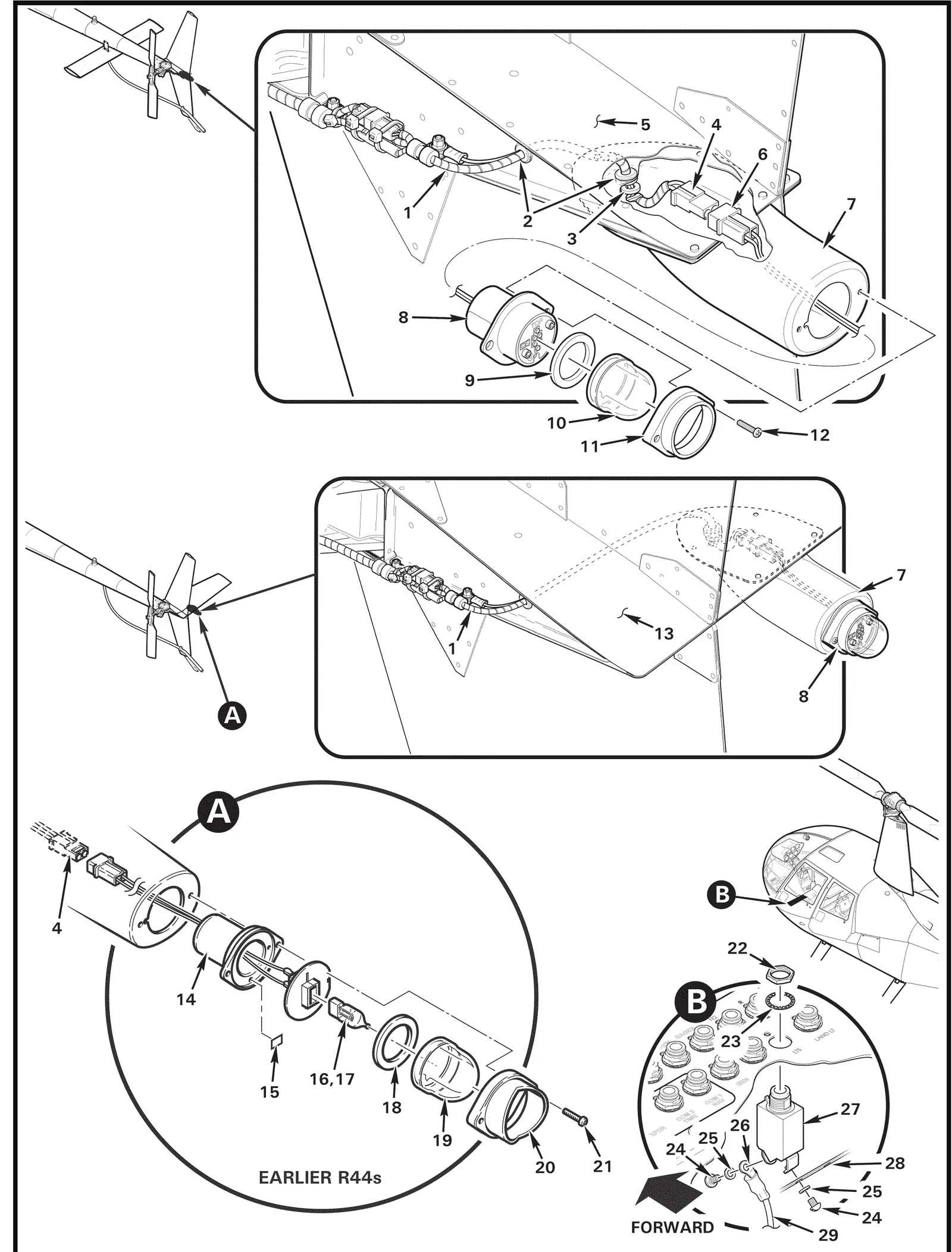 R44 parts catalog figure 33-7, navigation lights installation – tail position, with item 8 (01-0771554-11 tail light assembly (led, 14-volt; includes items 6, and 9 thru 12)) circled